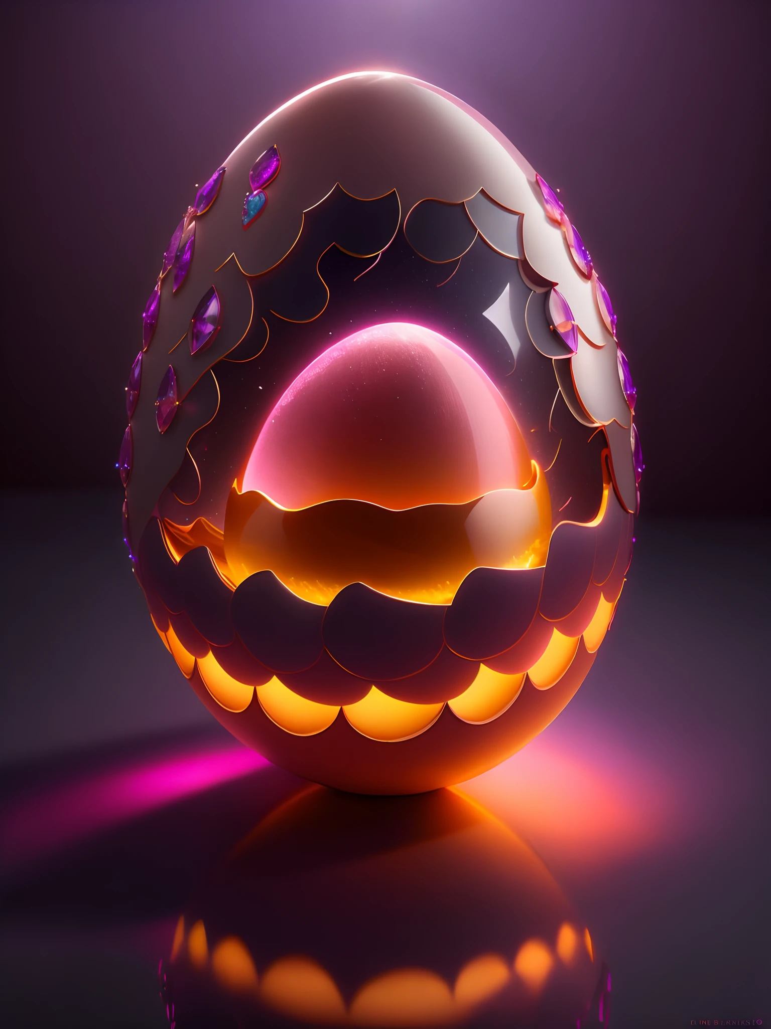 Efecto Shatter en After Effects,,Soft broken shell egg in intricately opaque 3D carved from shiny ivory in dimly lit room, con una luz rosa muy suave que emana de debajo del huevo, zarcillos de vid en espiral brillantes de color naranja rosado que abarcan el huevo amorosamente como si estuviera vivo, fotorrealista, detallado, realista, alta calidad, Background thunderstorms, detallado, realista, 8k UHD, alta calidad, Barbiecore.  magica, fantasy, rosado, violeta, PALETA DE ORO