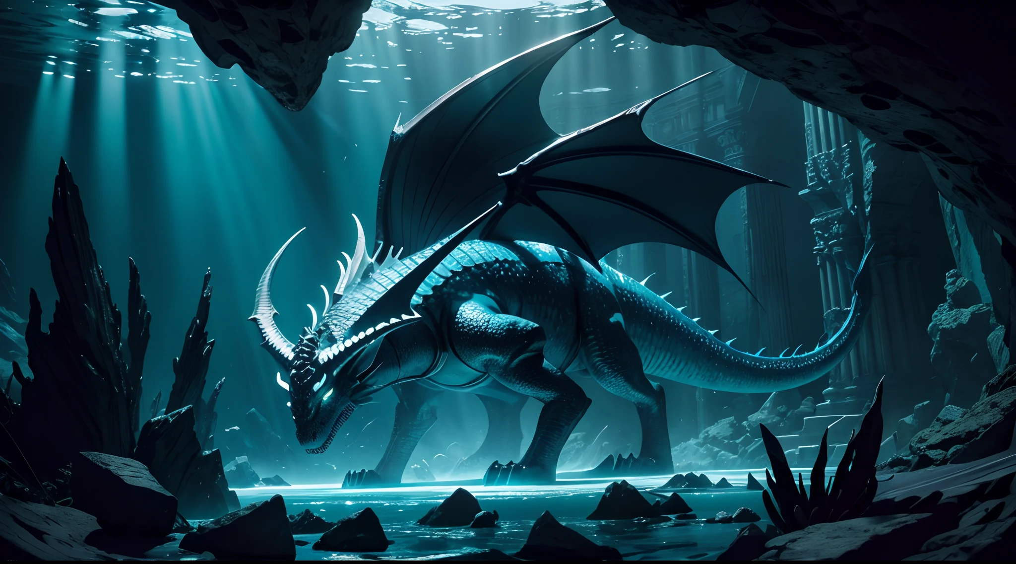 symphonic metal and dungeon synth style, myth character, sea dragon with glow navy large scales, on stomach, big with sharp eyes, dark white smoke eyes with glow, marble temple, dark cyan and blue, cinematic angle, ground-level shot, dark and intricate landscape, black light and detailed paint, airbrush coloring, intricate underwater world, hyper real, ultra fine detailed skin, ultra quality, cinematic still, 16k, conceptual contrast, natural lighting, extreme fine detail,