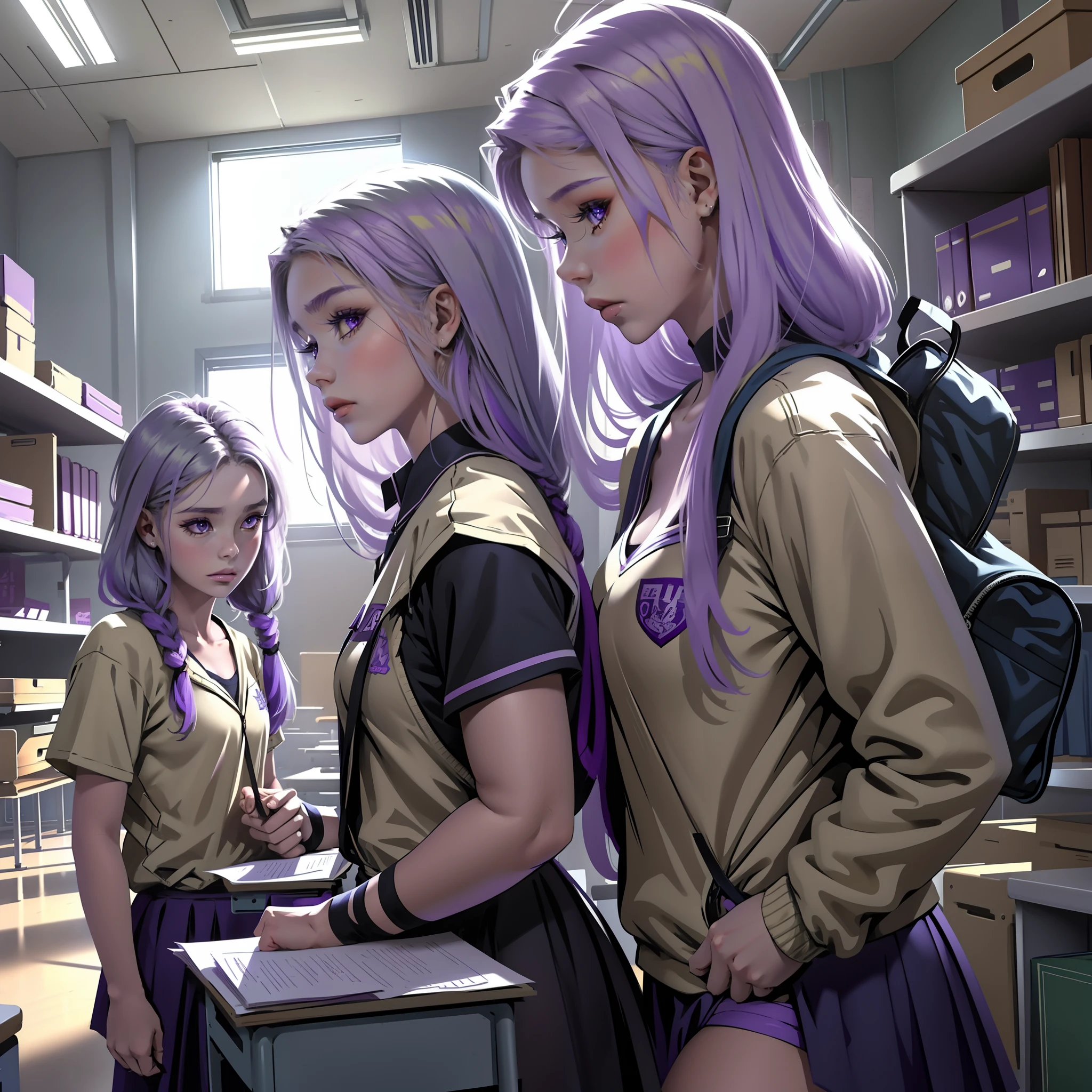 The kids in the high school classroom are discussing that one of them has silver hair and the other has violet hair are 14 years old....
