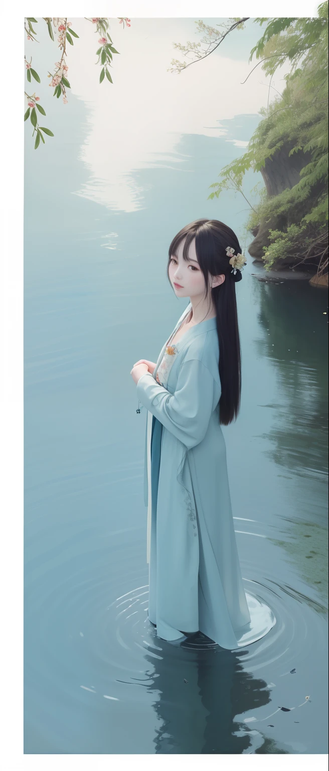 ((4k,masterpiece,best quality)), shuimobysim, Traditional chinese painting, lotuses, Hanfu, maxiskit, Dress conservatively 1girl, solo, blue long hair, ssmile, standing on your feet, Feet in the water, The barefoot,Male characters,Blackn clothes