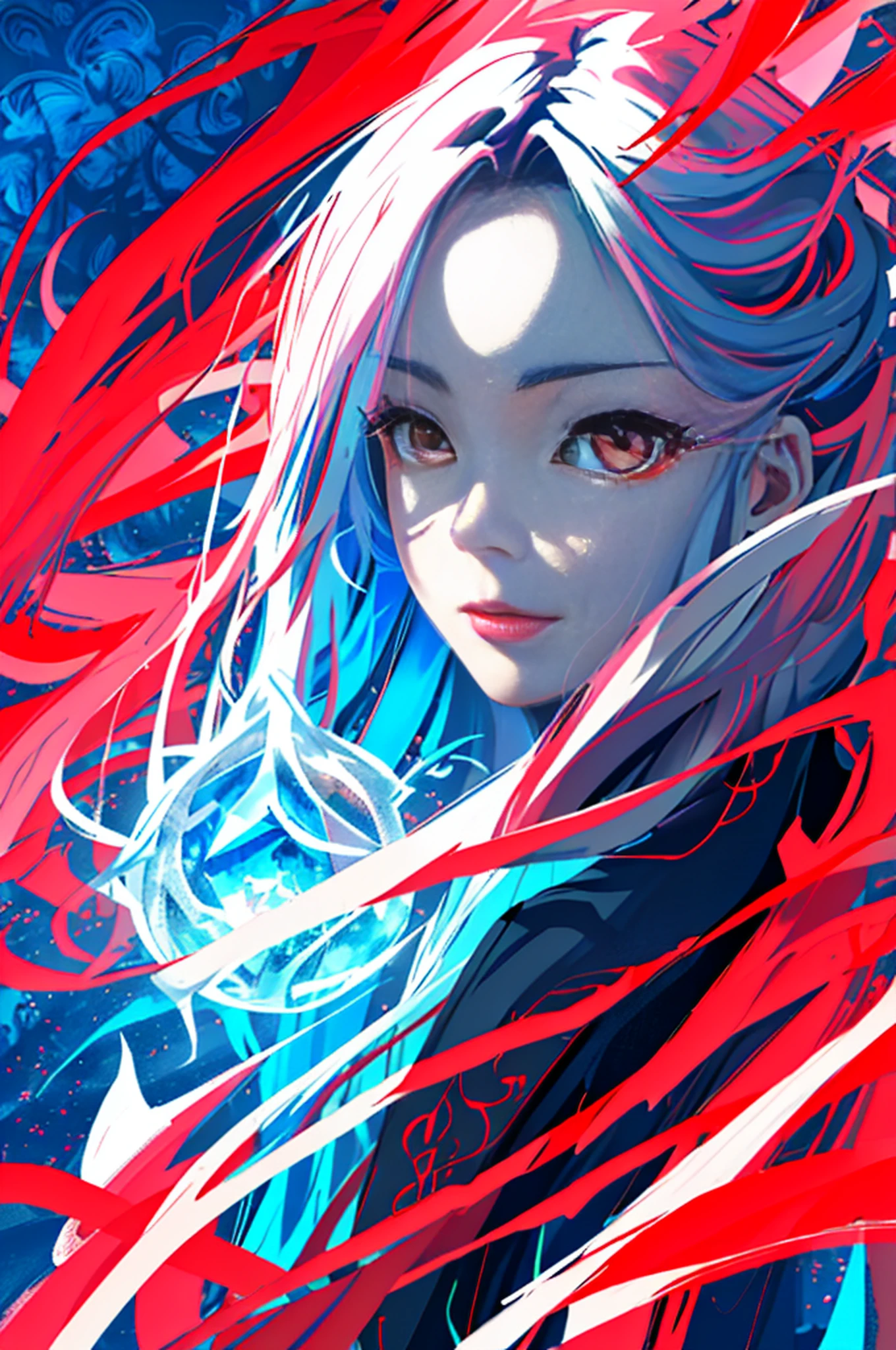 realisticlying、Masterpiece quality、best qualtiy、offcial art、Beauty and aesthetics：1.2、Very detailed fractal art、Colorful abstract background、Kizi、Kamimei、The color hair、long whitr hair、luminous red eyes、Mysterious magic、Girl of Ice and Fire，Red and blue color scheme，cinematric light