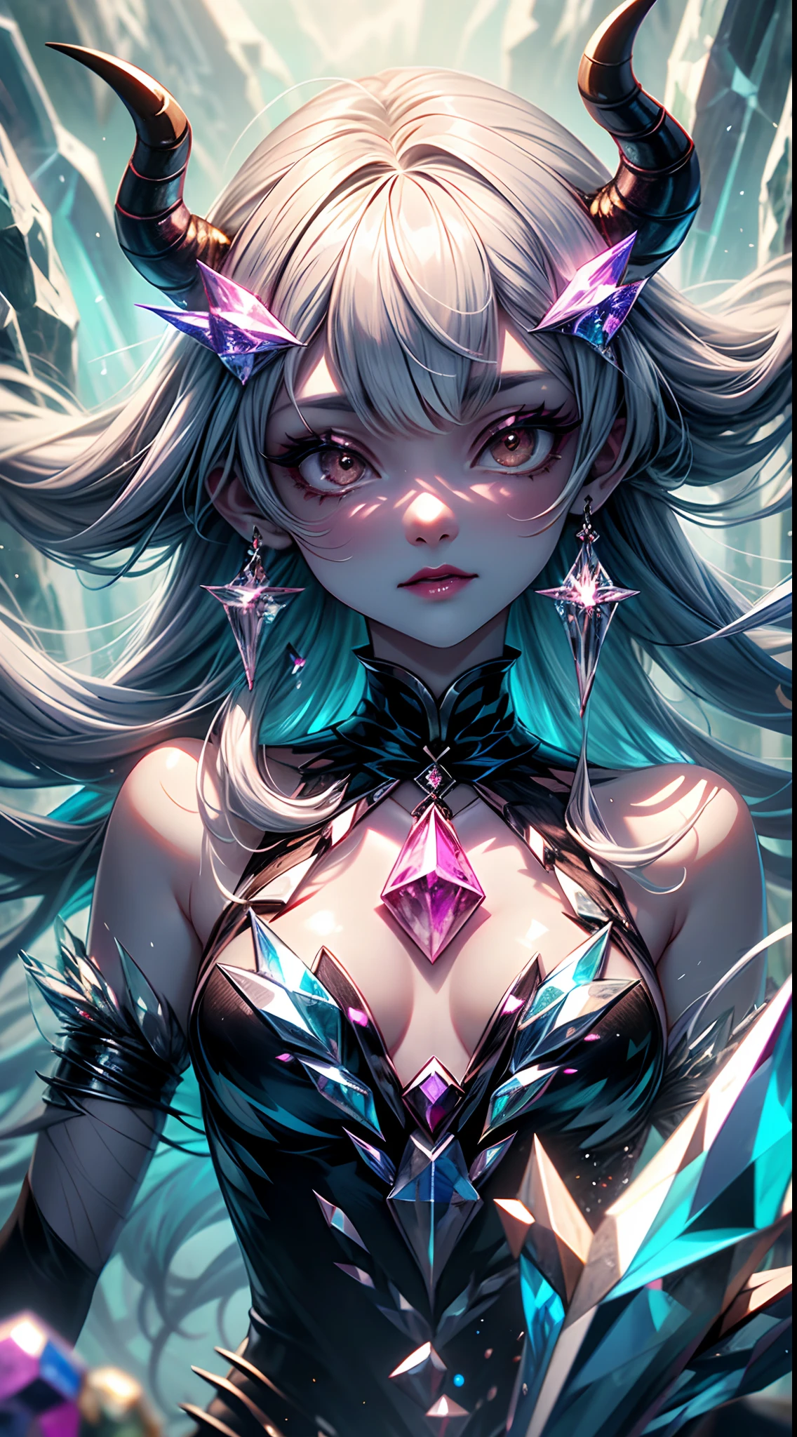 oni, demon girl, crystal-adorned face, crystal horns, crystalline hair, gem-like, crystalline ((transparent skin)), hidden crystal cavern, communing with gemstones, harnessing their power, detailed face, crystal staff, flowing crystal dress, wholesome
