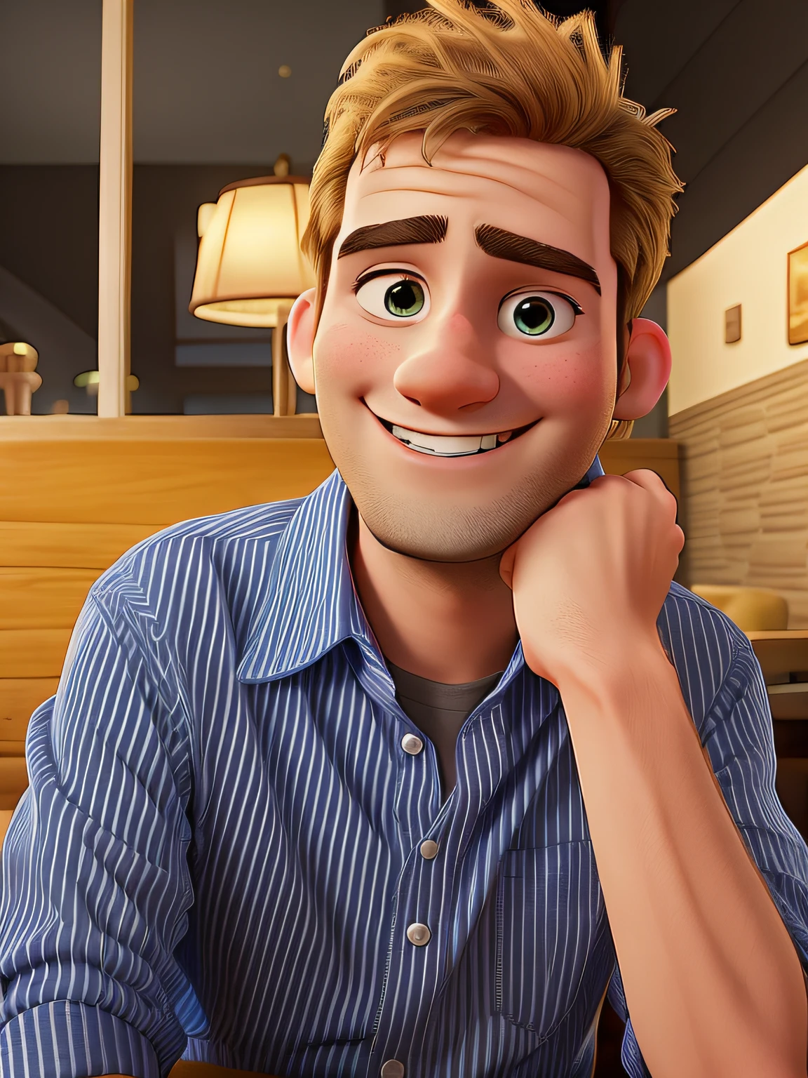 arafed man sitting at a table with a plate of food, twitch streamer / gamer ludwig, very slightly smiling, very very low quality picture, slightly smiling, taken in the early 2020s, taken on a 2010s camera, around 1 9 years old, smiling and looking directly, conor walton, smiling slightly, alex kiesling, disney pixar cartoon