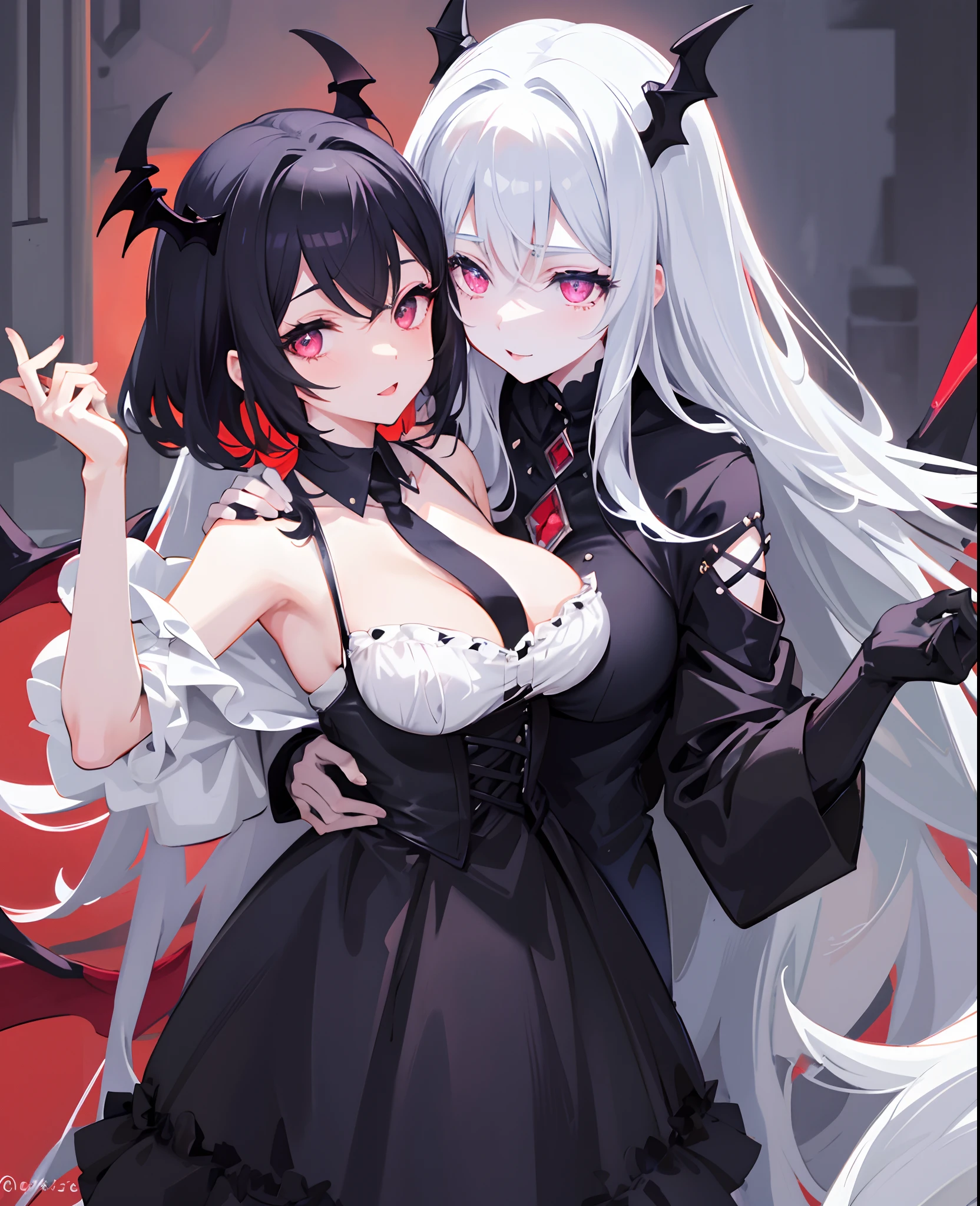 Social media avatar with two vampire girls on their shoulders , black short hair, White long hair, demon wings, the night, luna, Dark colors, ghotic style, Shoulder-length photos, Creepy style, Mommy Vibe, Two vampires , Crazy faces