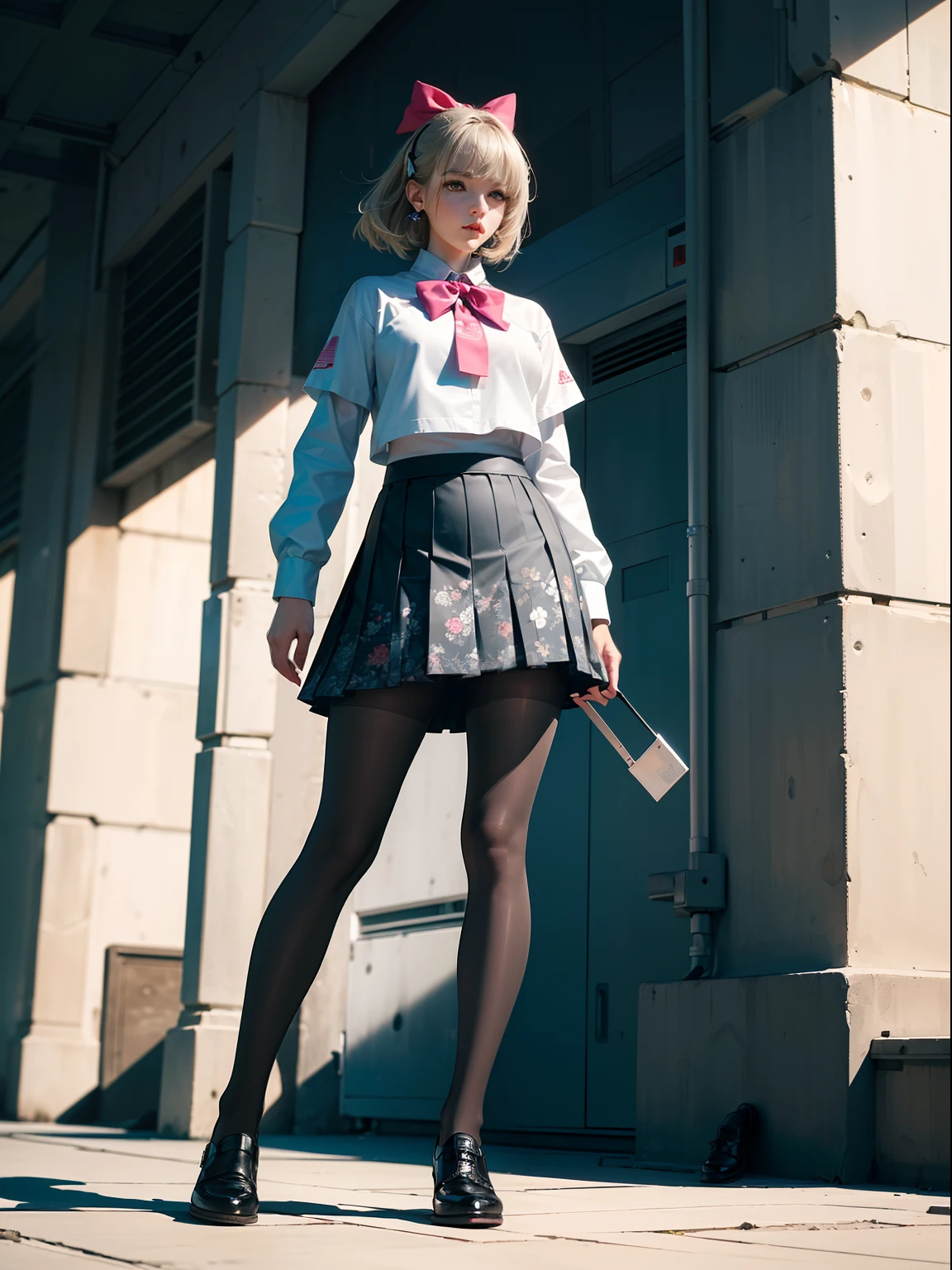 (full body:1.5)，(1girl:1.3),(looking at viewer:1.4)，(anatomy correct:1.3)，(In the paradise of the day:1.3),(Wearing Very thick Printed Pantyhose and Future Tight Style JK uniform printed pleated skirt and JK uniform leather shoes with bow decoration :1.3), (A high jump posture:1.3),(In pink|amarelo|blue colors|green color|red colour|white colors|black in color|purpleish color|greys|Beige|Flesh color 1.4)，,(Accurate and perfect face:1.4),(Clothing Gloss:1.25),(Skin reflection:1.25),hyper HD, Ray traching, reflective light，structurally correct, Award-Awarded, high detal, lightand shade contrast, Face lighting，cinmatic lighting, tmasterpiece, super detailing, high high quality, high detal, best qualityer, 16k，high contrast,