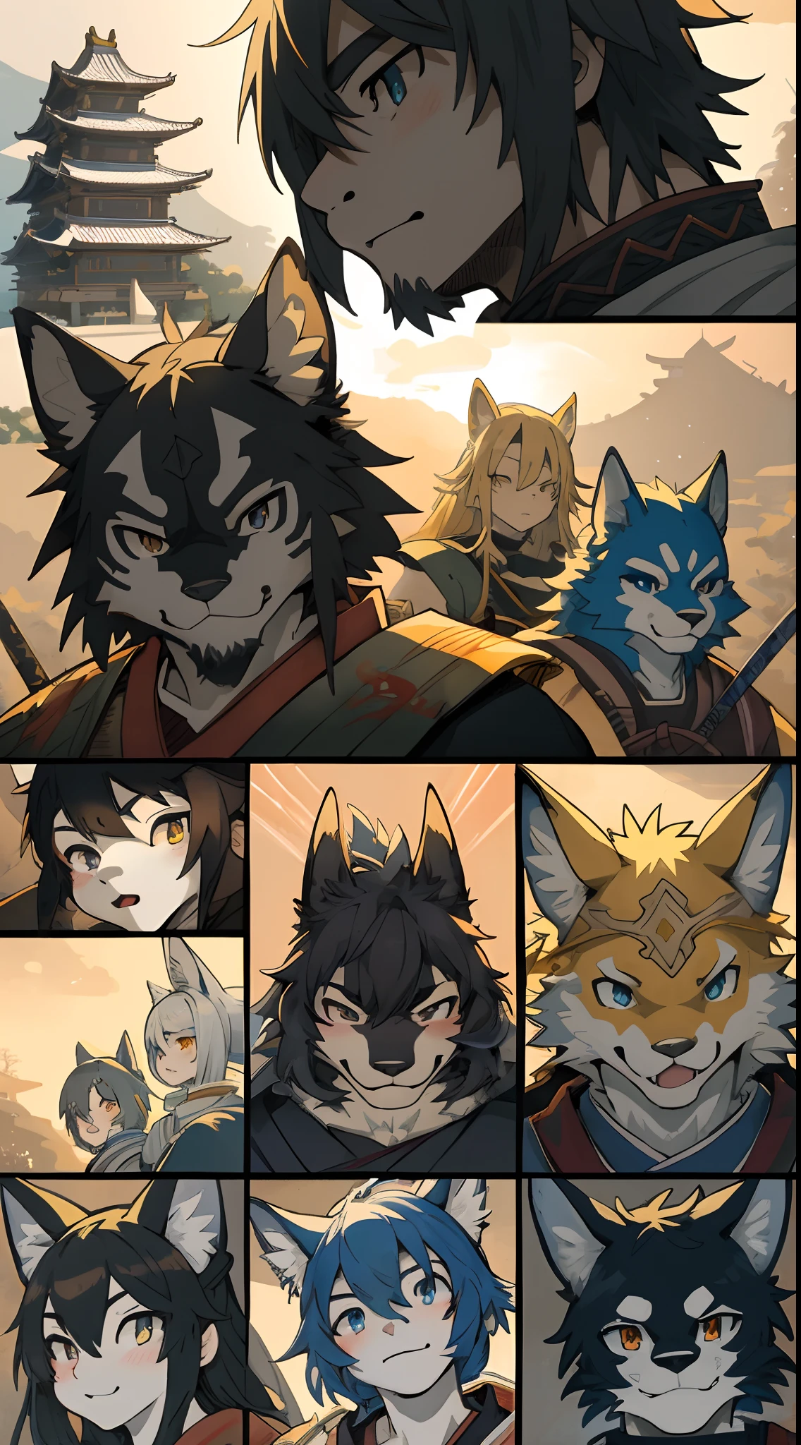 top quality, best quality, High-quality illustrations, masterpiece, super high resolution, detailed background, japanese castle, samurais, 6+boys, 6+girls, absurdres(highly detailed beautiful face and eyes)perfect anatomy, expression, good lighting, cinematic shadow(kemono, furry anthro)assorted poses, manga, comic,