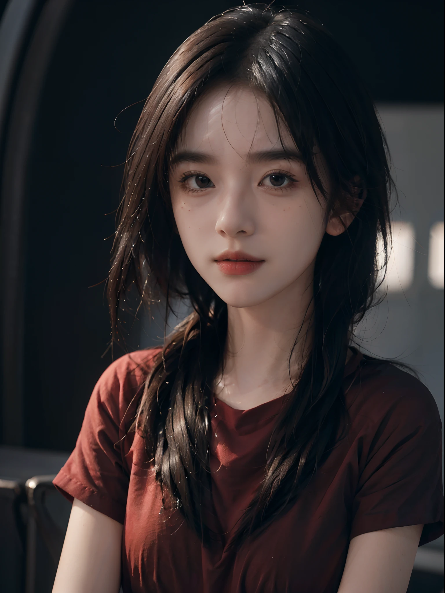 8K Ultra HD movies, FUJI XT3,(tmasterpiece:1.3), best qualtiy, digital SLR camera,
High resolution for 1 girl, upperbody closeup, Black hair,float hair, Be red in the face, To the audience, red t-shirt, cheerfulness,(foreground),(Studio lights)