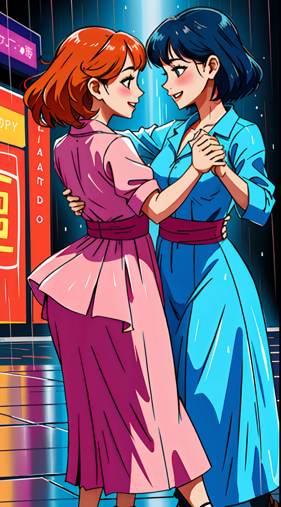 happy female-female couple, dancing in the rain, looking at each other, wholesome, dancing together