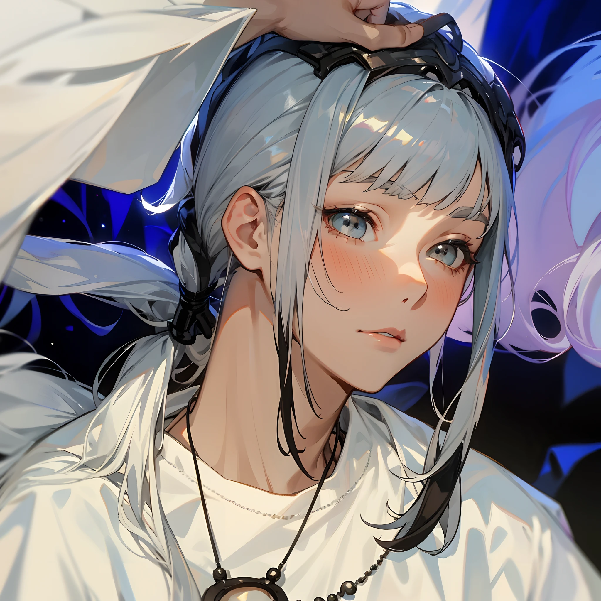 Close-up of a man in a white shirt and necklace, Silver hair (pony tails), Silver color, Girl silver hair, wearing silver hair, Long white hair and bangs, hair whitebangs hair, ses cheveux sont blancs, her hair is silver, with long white hair, long white hair, Silver hair girl