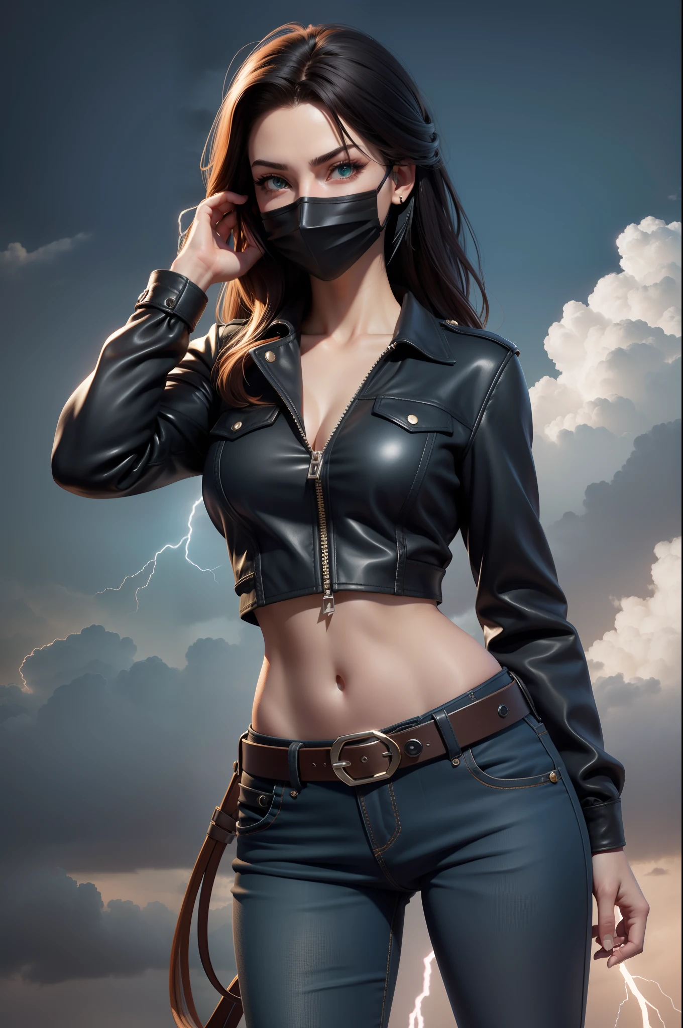 (cowgirl shot), (masterpiece), (best quality: 1.0), (ultra highres: 1.0), highly detailed face and eyes, (photorealistic: 1.2)
TO BREAK
ShayeraDC, green eyes, mask, electricity, wolverine style, black pants, midriff, belt,
TO BREAK
sky, lightning, clouds