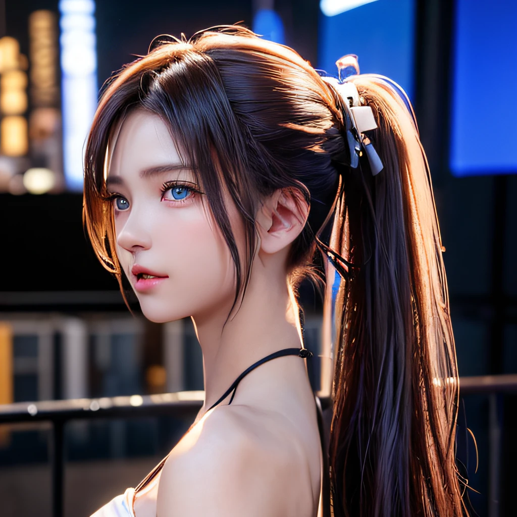 (8k、RAW Photography、top-quality、​masterpiece:1.2)、(realisitic、Photorealsitic:1.37)、1girl in、cute little、blue eyess、(独奏)、Detailed face ponytail、Dramatic angle、
、s Office、looking at the viewers、pov、cyberpunked、backs