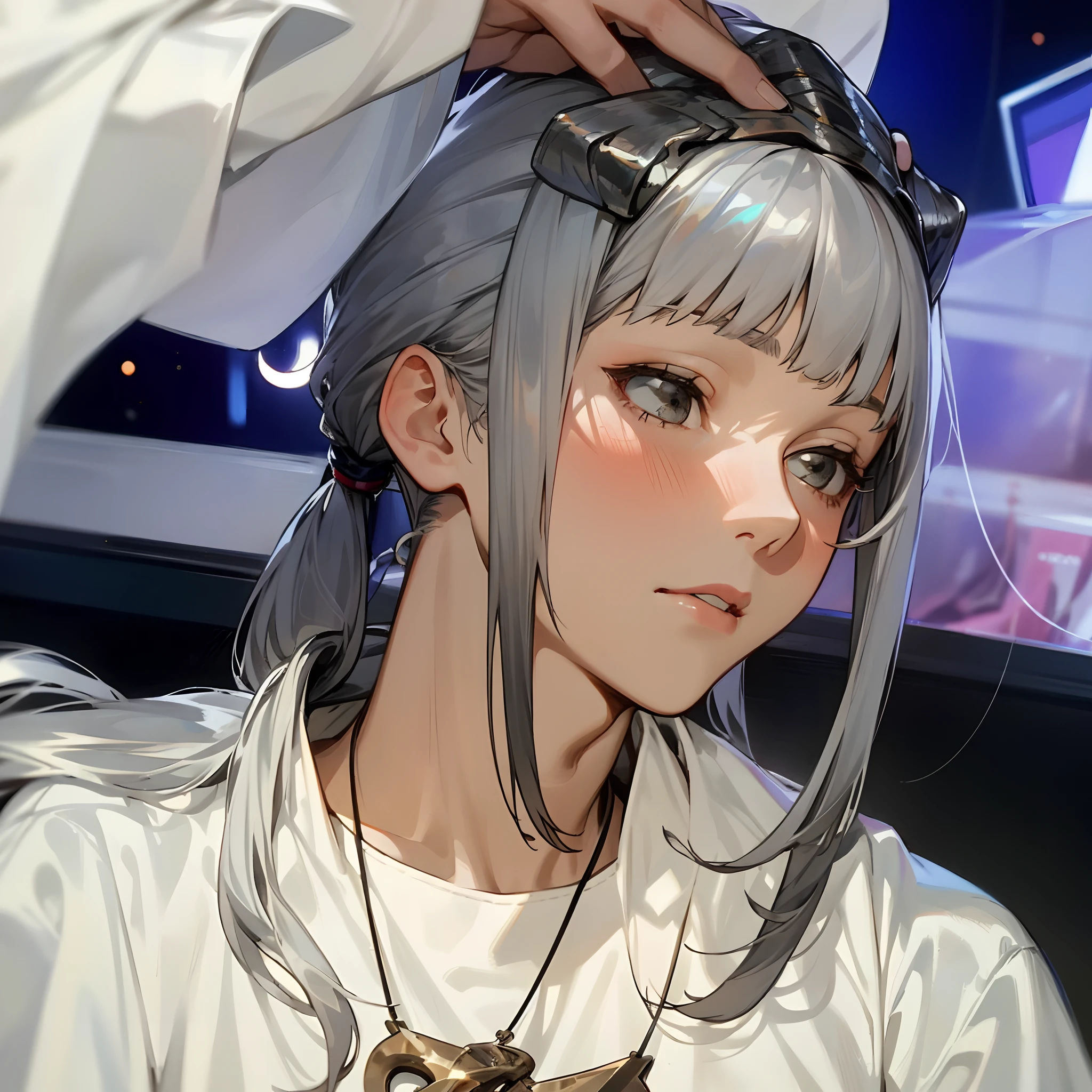 Close-up of a man in a white shirt and necklace, Silver hair (pony tails), Silver color, Girl silver hair, wearing silver hair, Long white hair and bangs, hair whitebangs hair, ses cheveux sont blancs, her hair is silver, with long white hair, long  white hair, Silver hair girl