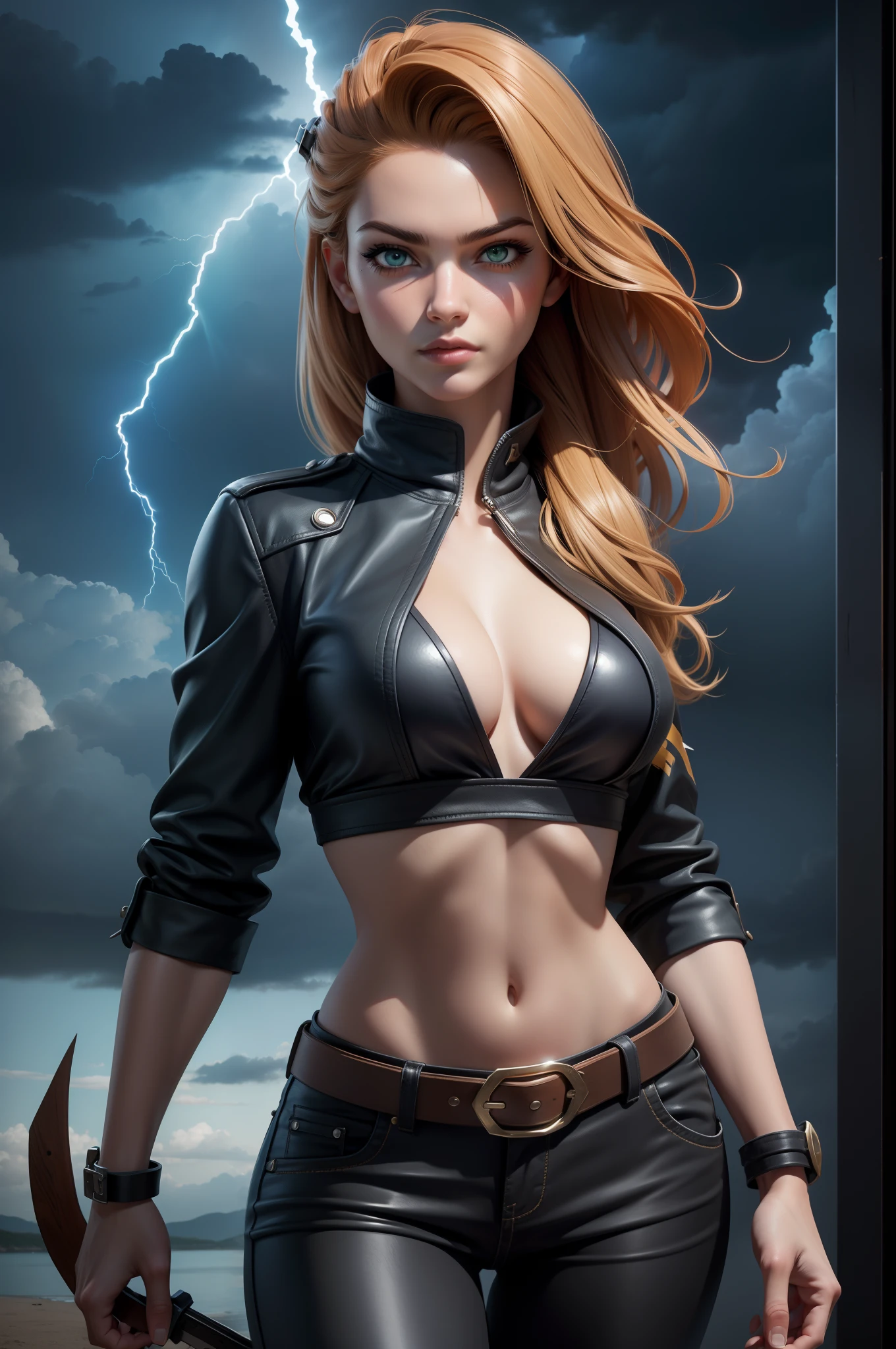 (cowgirl shot), (masterpiece), (best quality: 1.0), (ultra highres: 1.0), highly detailed face and eyes, (photorealistic: 1.2)
TO BREAK
ShayeraDC, green eyes, mask, electricity, wolverine style, black pants, midriff, belt,
TO BREAK
sky, lightning, clouds