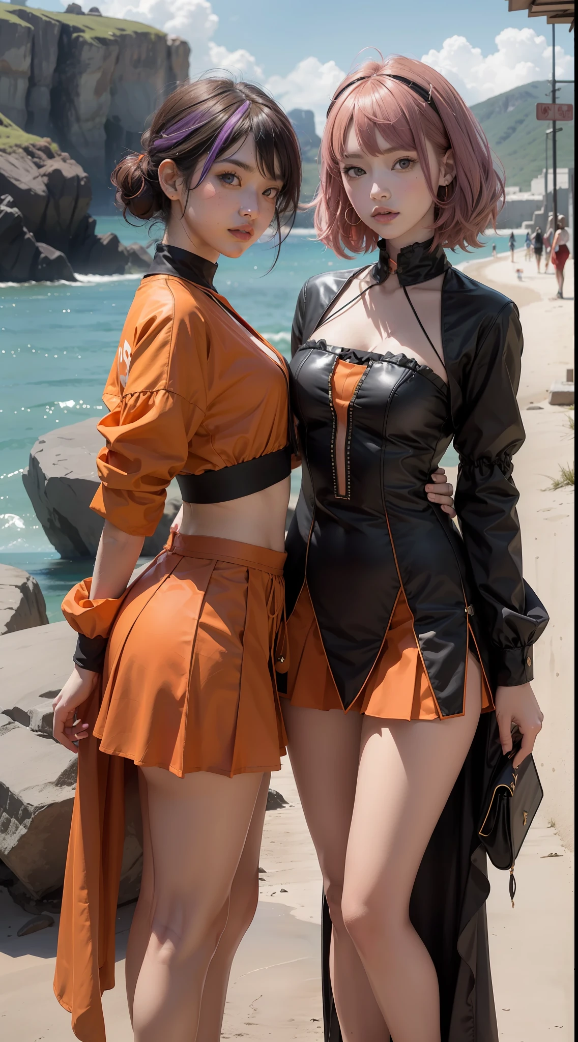 concept-art，Elevation viewing angle，Dressed in funny Somali dark orange Pinafort，Brunette is styled as short hair，fluorescent purple Hair tie，Equirectangular columnar 360，A high resolution，[（The art of Willie Baumeister：1.1），（John T.Biggs' art：1.2）：：17]，offcial art，Unity 8k壁纸，ultra - detailed，Aesthetics，tmasterpiece，best qualtiy，realisticlying，Whole-body localization，Maillard costume，black cloaths，Short orange and red skirts，Long legs，Two twin sisters，The two sisters stood side by side，Scene by the sea，delicated face，Looks ladylike
