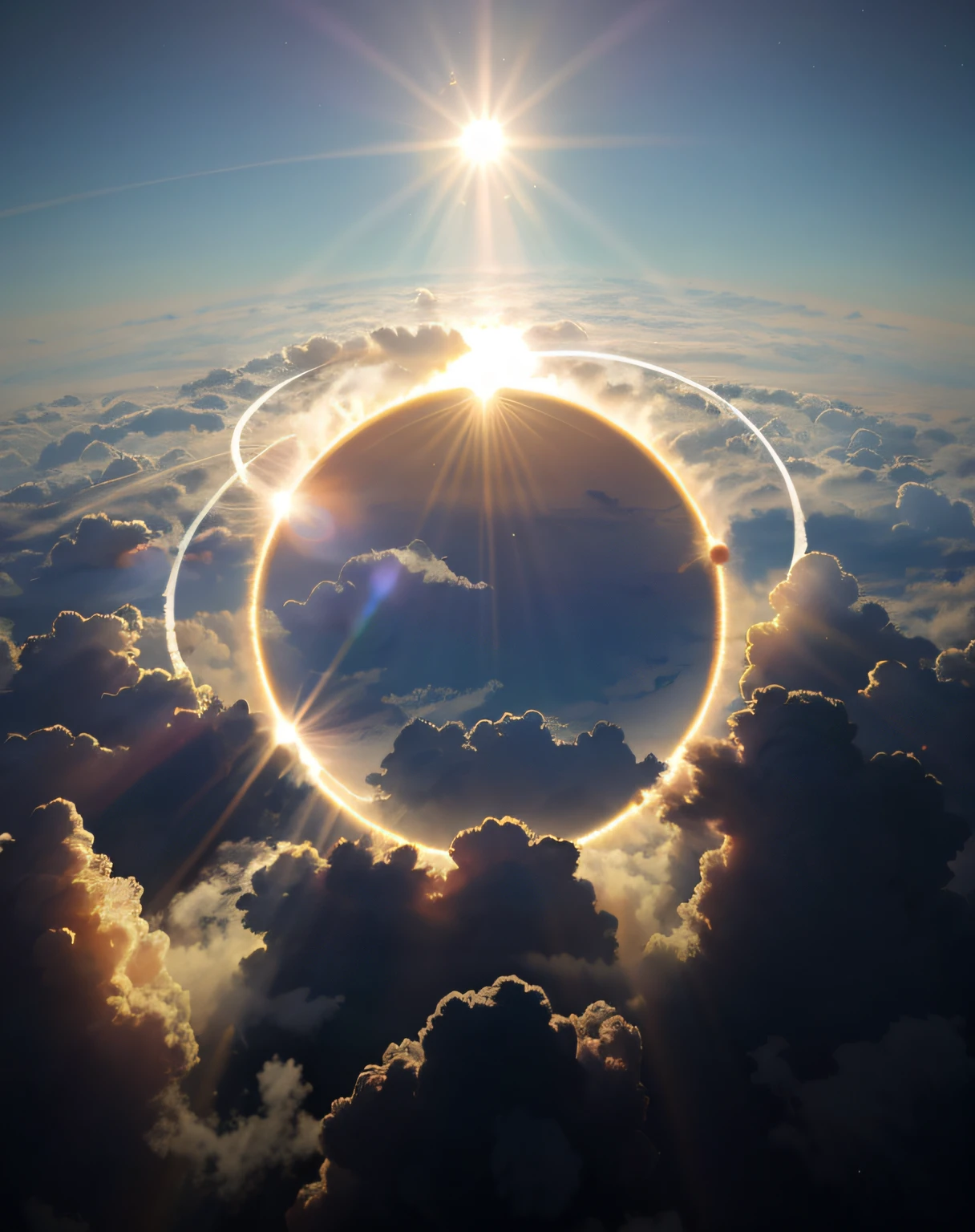 A view of the sun shining on a ring of clouds in Aarafitte, parhelion atmospheric halos, angelic halo, sun through majestic clouds, Magic portal in the sky, emitting spore clouds, Radiant halo of light, fractal burning halo, sun shining through clouds, a glowing halo, round clouds, a glowing halo, god sun rays, space clouds，tmasterpiece，best qualtiy，（Very detailed CG unity 8k wallpaper）（best qualtiy），（Most Best Illustration），（best shadow） ，ultra-detailliert --v6