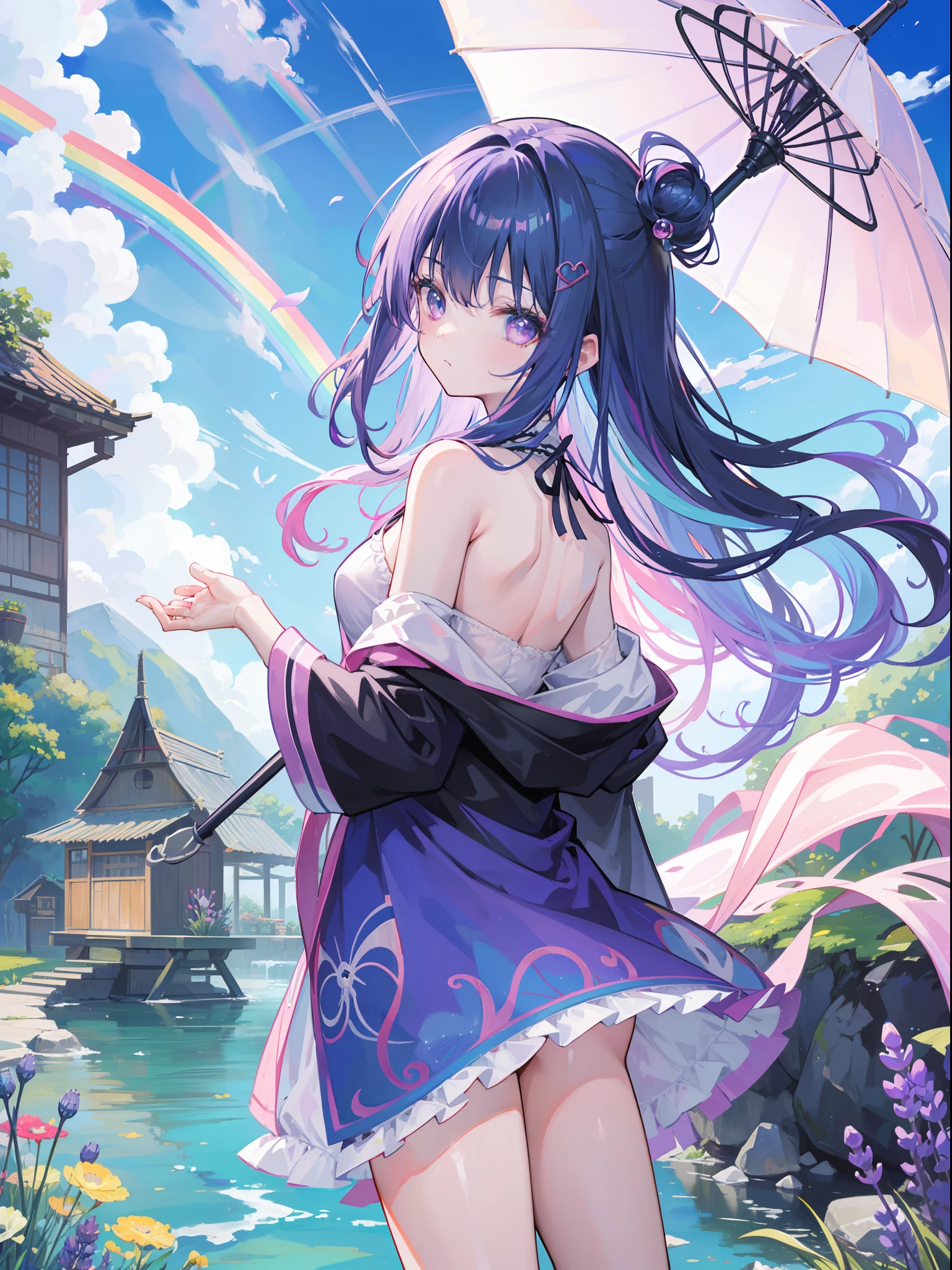 Dark Magician Girl、MKSKS style、1 persons、(highly detailed back ground:1.0)、(highly detailed back ground:1.0)、​masterpiece、top-quality、超A high resolution、8K、full body Esbian、frombelow、Looking back、(1/2 pink and 1/2 Light blue hair、rainbow-colored hair)、(A detailed eye、Blue eyes)、Laughing、(Rainbow Print Cardigan、1/2 pink and 1/2 Light blue cardigan)、Detailed skin、(Lavender fields:1.2、Holding a rainbow parasol:1.2、Waterwheel:1.3)、Daytime、夏天、wakame、wakame、wakame、wakame、wakame、wakame、wakame、wakame、wakame、wakame、wakame、wakame、wakame、wakame、wakame、wakame、wakame、wakame、wakame、wakame、wakame、wakame、wakame、wakame、wakame