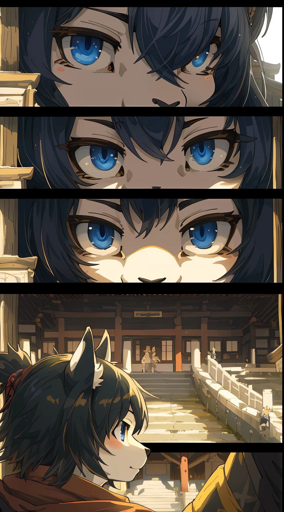top quality, best quality, High-quality illustrations, masterpiece, super high resolution, detailed background, japanese castle, samurais, 6+boys, 6+girls, absurdres(highly detailed beautiful face and eyes)perfect anatomy, expression, good lighting, cinematic shadow(kemono, furry anthro)assorted poses, manga, comic,