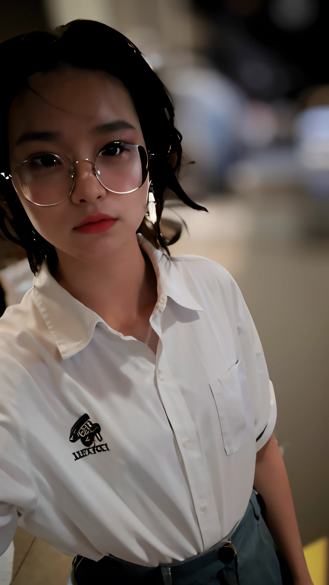there is a woman wearing glasses and a white shirt, !!wearing modern glasses!!, Student, With glasses, in a white shirt, wearing shirt, !!Wearing glasses!!, wearing lab coat and glasses, f / 1. 9 6. 8 1 mm ISO 4 0, 8k selfie photograph, she wears harry potter glasses, wearing small round glasses