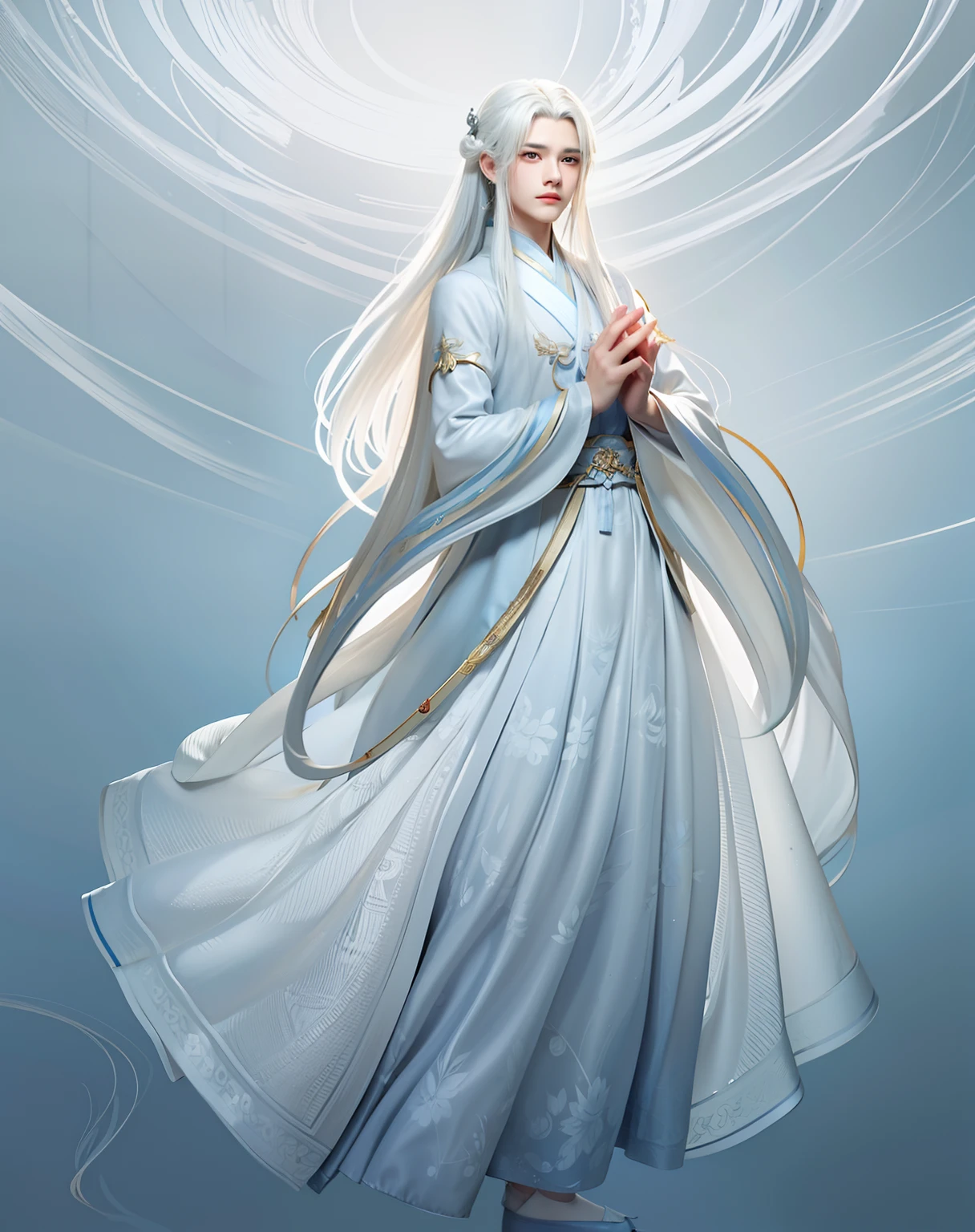 a drawing，One in a blue dress，White hair, Male youth, flowing hair and long robes, full-body xianxia, White-haired god, , Inspired by Qiu Ying, wearing a long flowing robe, Wearing a flowing cloak，Xian Xia Xiuzhen Taoism