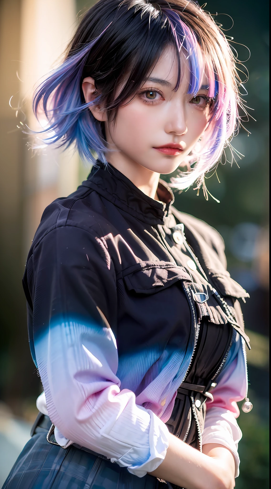 (short hair, gradient hair, dutch angle:1.3), film grain, chromatic aberration, city centre, masterpiece, best quality, raw photo, photorealistic, absurdres, 1girl, cute, perspective, cowboy shot, highres, ultra detailed, finely detail, detailed eyes and face, sharp pupils, realistic pupils, sharp focus, summer, night,