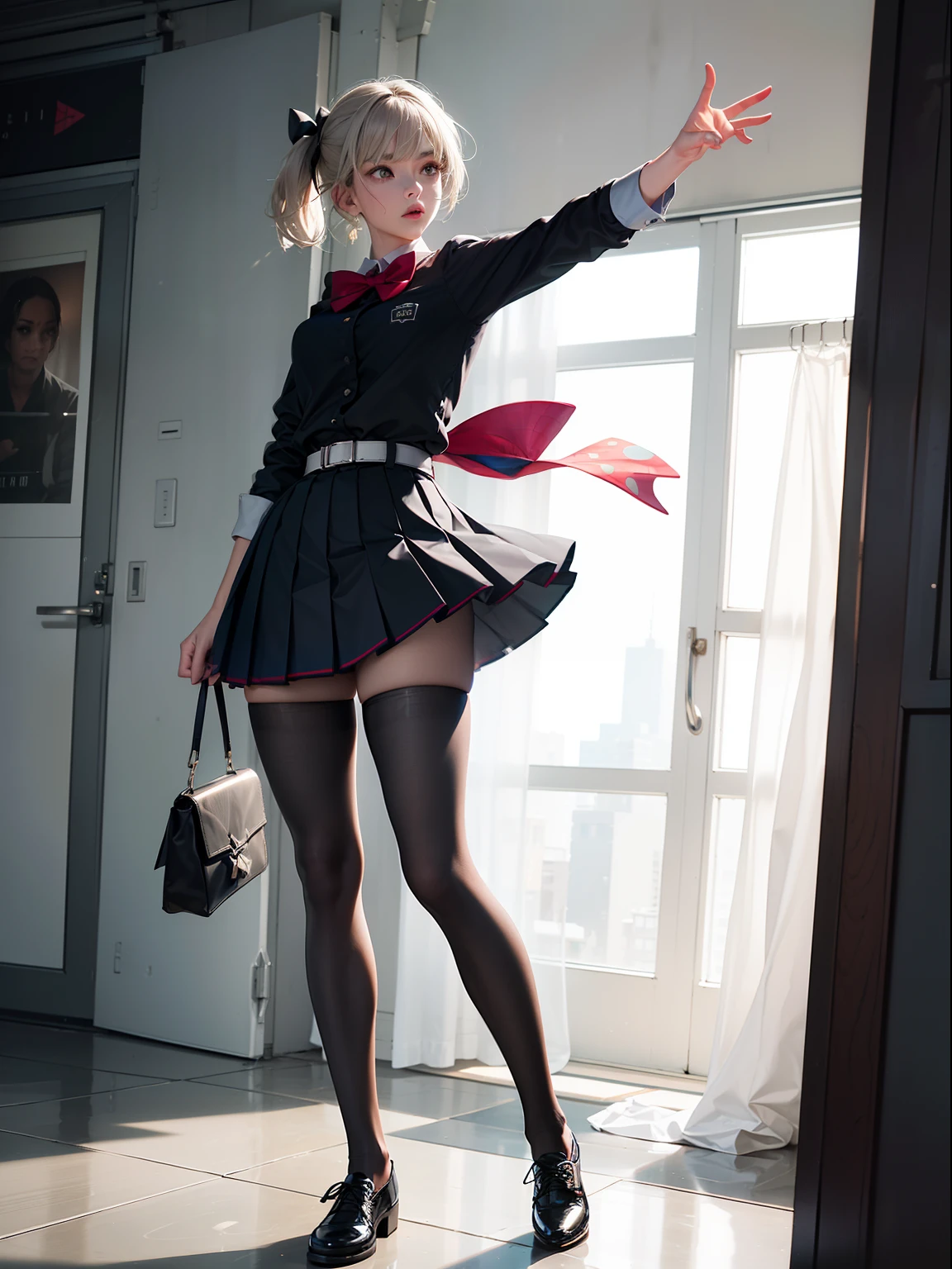 (full body:1.5),(1girl:1.3),(looking at viewer:1.4),(anatomy correct:1.3),(In the paradise of the day:1.3),(Wearing Very thick Printed Pantyhose and Spider Man Set Style JK uniform printed pleated skirt and JK uniform leather shoes with bow decoration :1.3), (A high jump posture:1.3),(In pink|amarelo|blue colors|green color|red colour|white colors|black in color|purpleish color|greys|Beige|Flesh color 1.4),,(Accurate and perfect face:1.4),(Clothing Gloss:1.25),(Skin reflection:1.25),hyper HD, Ray traching, reflective light,structurally correct, Award-Awarded, high detal, lightand shade contrast, Face lighting,cinmatic lighting, tmasterpiece, super detailing, high high quality, high detal, best qualityer, 16k,high contrast,