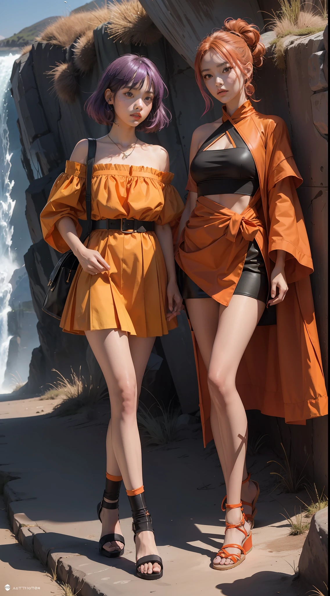 concept-art，Elevation viewing angle，Dressed in funny Somali dark orange Pinafort，Brunette is styled as short hair，fluorescent purple Hair tie，Equirectangular columnar 360，A high resolution，[（The art of Willie Baumeister：1.1），（John T.Biggs' art：1.2）：：17]，offcial art，Unity 8k壁纸，ultra - detailed，Aesthetics，tmasterpiece，best qualtiy，realisticlying，Whole-body localization，Maillard costume，black cloaths，Short orange and red skirts，Long legs，Two twin sisters，The two sisters stood side by side，Scene by the sea，delicated face，Looks ladylike