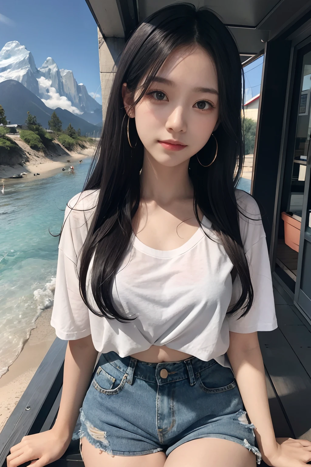 best qualtiy,tmasterpiece,超高分辨率,(realisticlying:1.4),RAW photogr,(Evening Street),1个Giant Breast Girl,黑The eye,Fine eyes,二重まぶた ,long leges,long whitr hair,Light makeup,ssmile,tiny ears,whitet-shirt,denim short,Beautiful Women with Perfect Figure:1.4, (exteriors,beachside:1.1),There are mountains and waters,There are trees