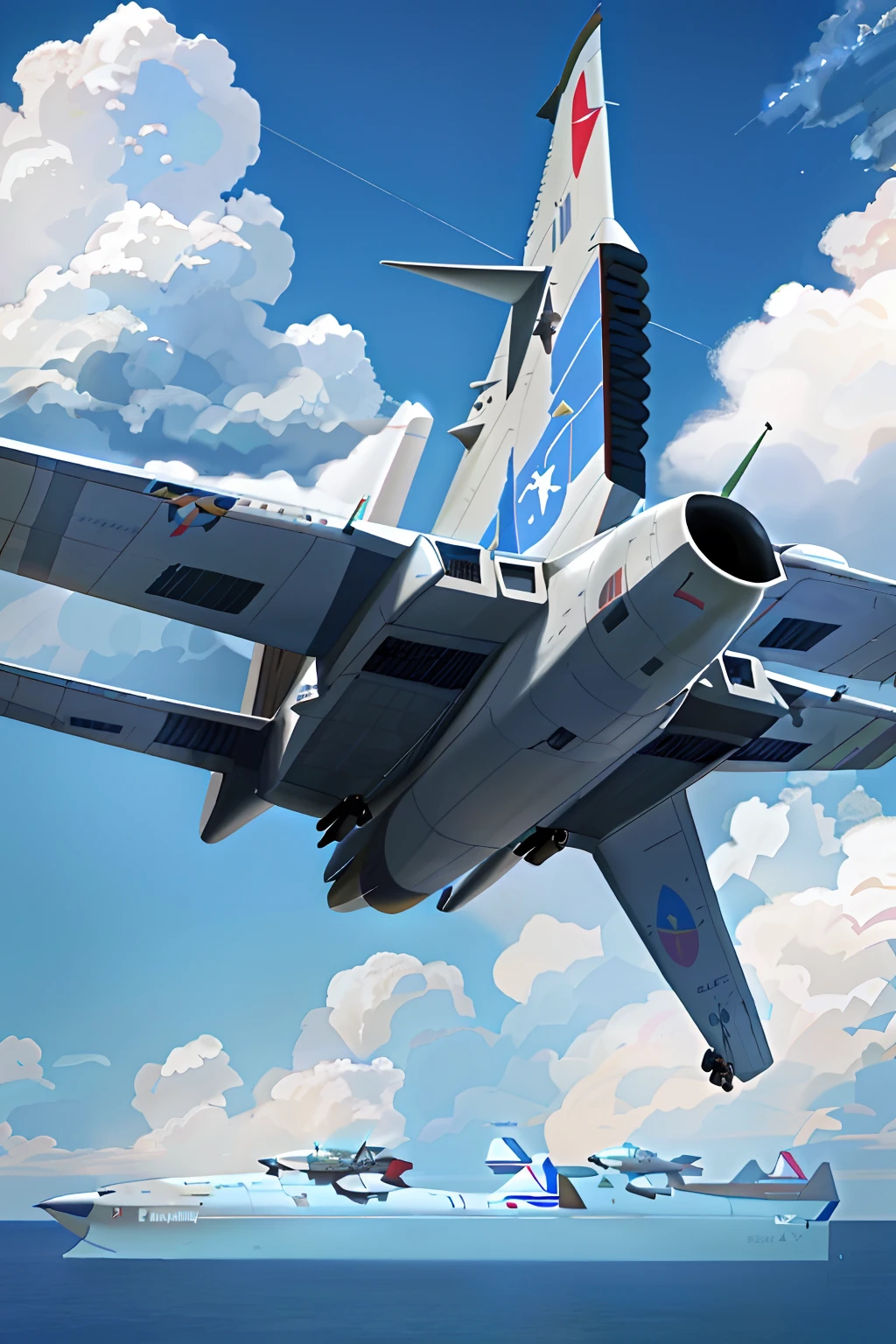 There is a jumbo jet that flies over the ocean with other jets, realistic aircraft, strafing attack aircraft, realistic aircraft, war thunder game, dcs world style, extremely detailed frontal angle, dcs world, CG art, acecombat, jet fighter background, highly detailed shot, close up angle, high detail shot, Close-up Shot Shot, portrait of figther jet evading,aircraft carriers,UAVs,fighter jets,Laser cannon,with blue sky and white clouds,sci-fy