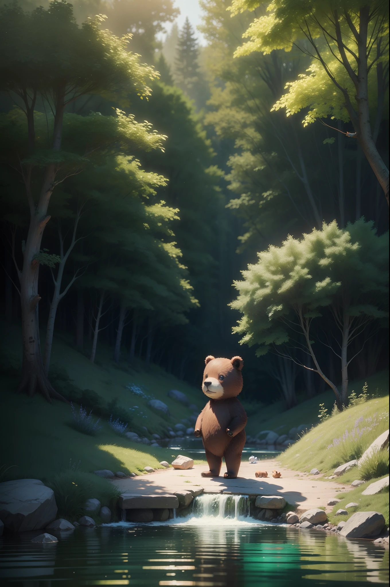 Little bear standing on a forest path facing the audience with a clear brook behind Pixar style
