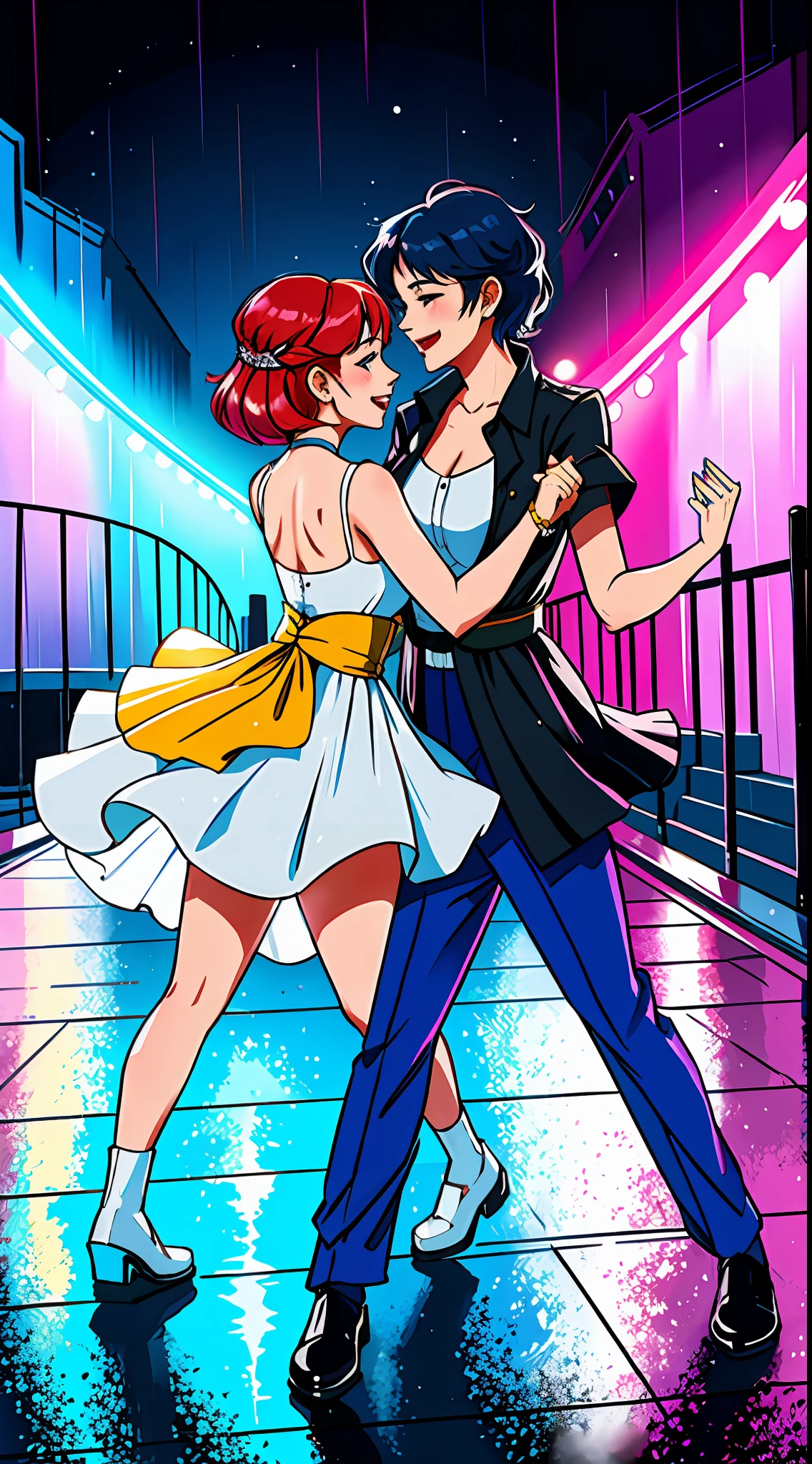 happy female-female couple, dancing in the rain, looking at each other, wholesome, dancing together