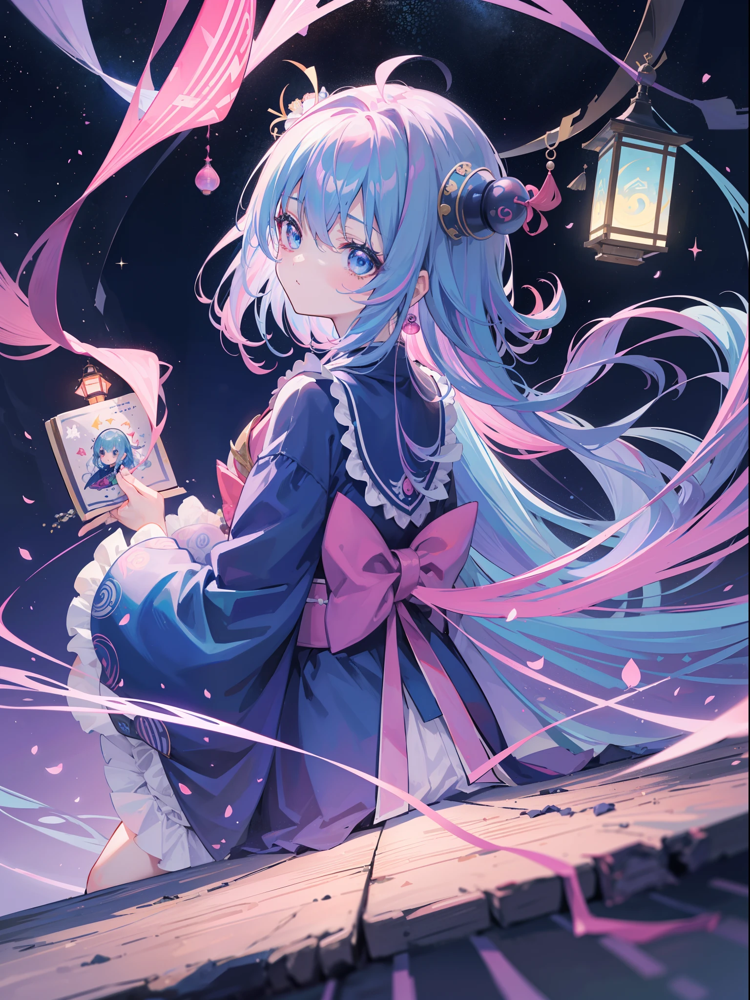 Dark Magician Girl、MKSKS style、1 persons、(highly detailed back ground:1.0)、(highly detailed back ground:1.0)、​masterpiece、top-quality、超A high resolution、8K、The upper part of the body、frombelow、Looking back、(1/2 pink and 1/2 Light blue hair、rainbow-colored hair)、(A detailed eye、Blue eyes)、is crying、(Rainbow pattern kimono、1/2 pink and 1/2 Light blue kimono)、Detailed skin、(burial site:1.2、Have a lantern:1.2、tomba:1.3)、early evening、wakame、wakame、wakame、wakame、wakame、wakame、wakame、wakame、wakame、wakame、wakame、wakame、wakame、wakame、wakame、wakame、wakame、wakame、wakame、wakame、wakame、wakame、wakame、wakame、wakame