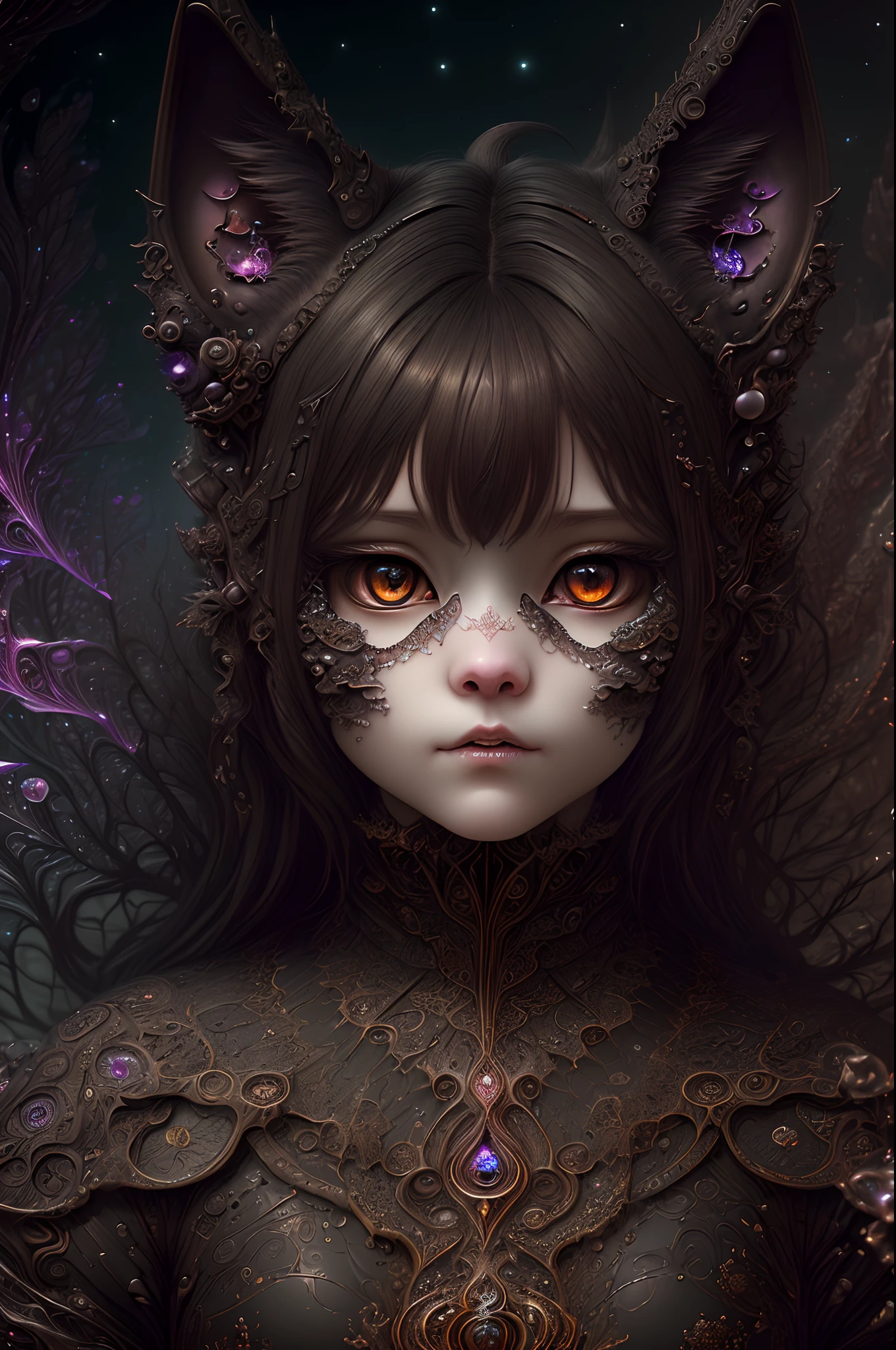 (absurdres, highres, ultra detailed), 1girl, solo, extremely detailed eyes, (official art, beautiful and aesthetic:1.2), (dark art,erosion,fractal art :1.3), colorful, horror,highest detailed, (fluffy cat ears)