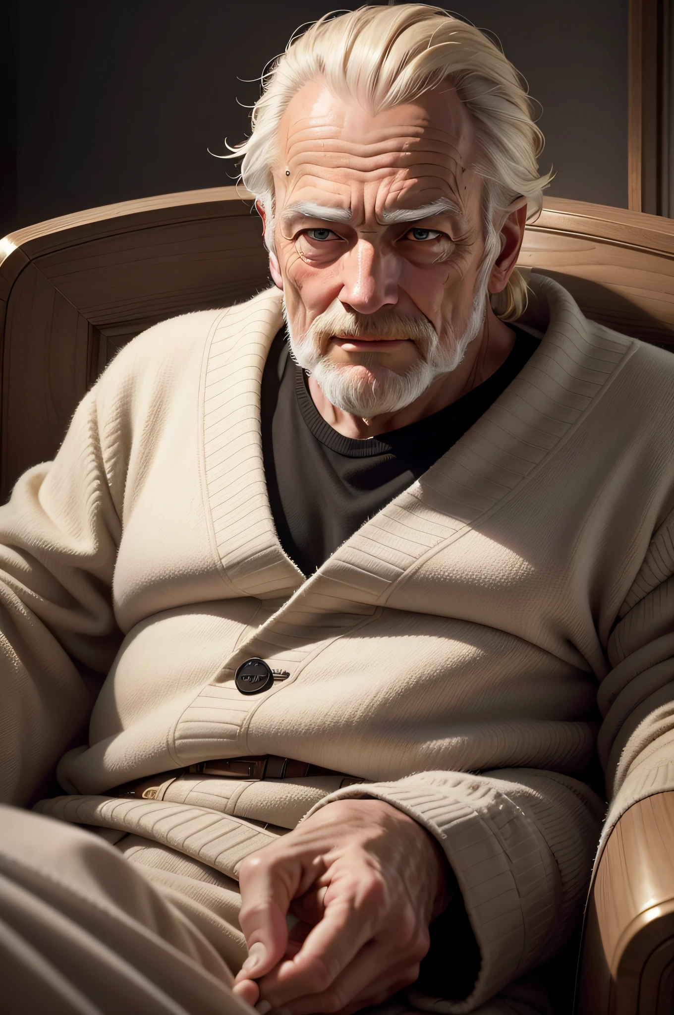 Please create a portrait of a realistic 8K representation of a middle-aged man sitting in an armchair. He has blond hair, which falls softly over his forehead. His eyes are fixed straight ahead, reflecting a mix of thoughts and experiences accumulated over the years. The surrounding environment is elegantly decorated, with carefully personalized details, such as the fabric texture of the armchair and soft lighting that highlights the lines of the man's face. Every wrinkle on his face tells a story, and the serene expression on his face reveals a quiet wisdom that only time can bestow. Cores and details are sharp and impressive, creating a vivid and immersive representation of that moment of contemplation.