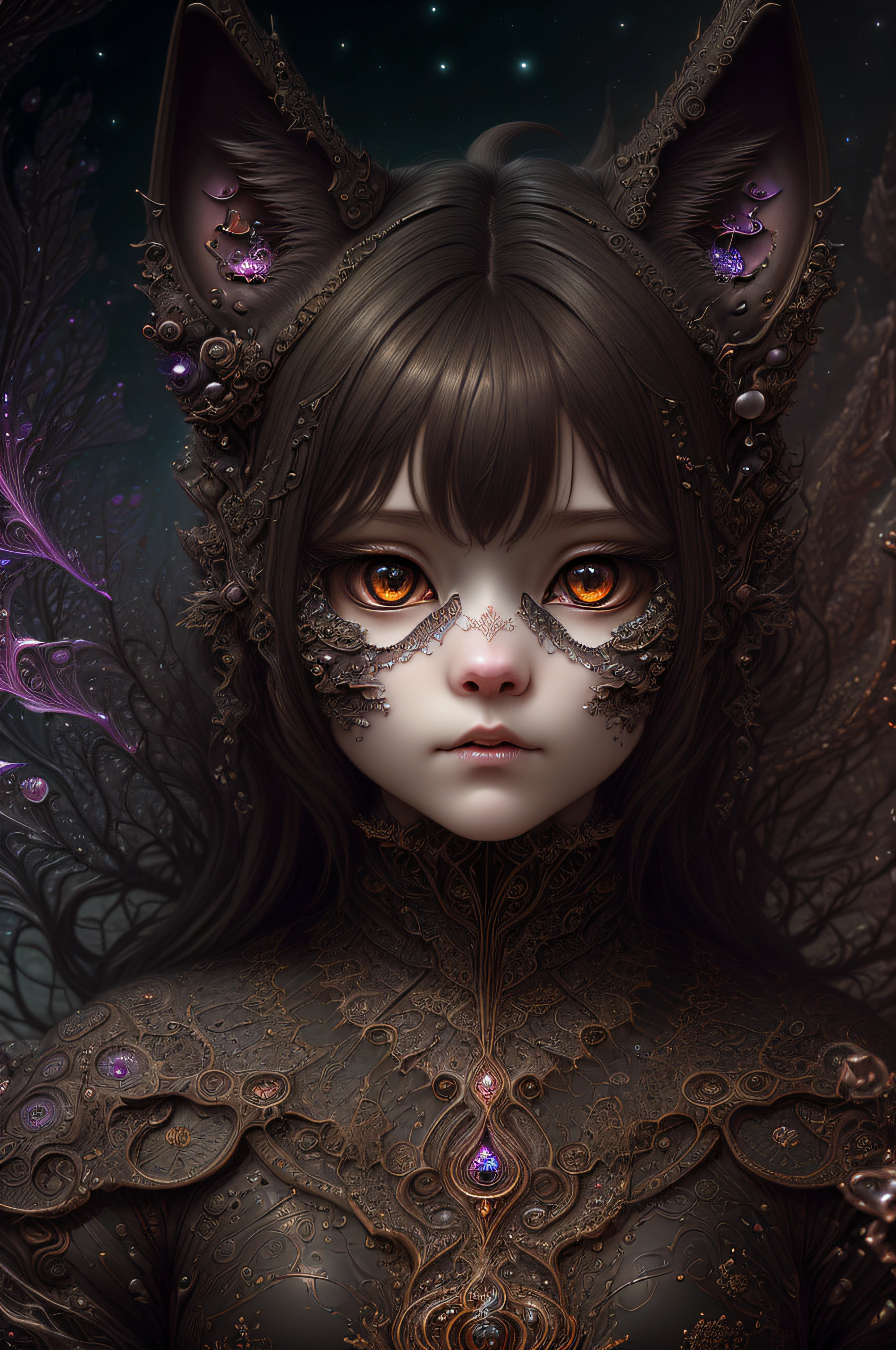 (absurdres, highres, ultra detailed), 1girl, solo, extremely detailed eyes, (official art, beautiful and aesthetic:1.2), (dark art,erosion,fractal art :1.3), colorful, horror,highest detailed, (fluffy cat ears)