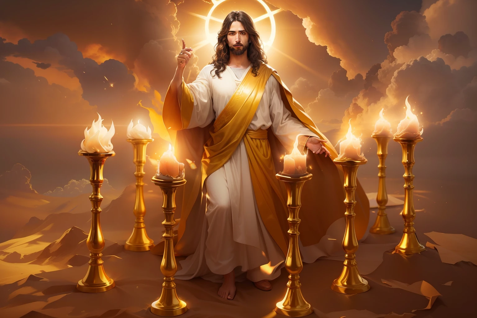Jesus Cristo com aspecto resplandecente como o sol andando no meio de Candeeiros de Ouro puro lindo e dourado. Image with very high lighting quality, Very high resolution image, image with very high coloration, imagem realista, imagem hiperdetalhada.