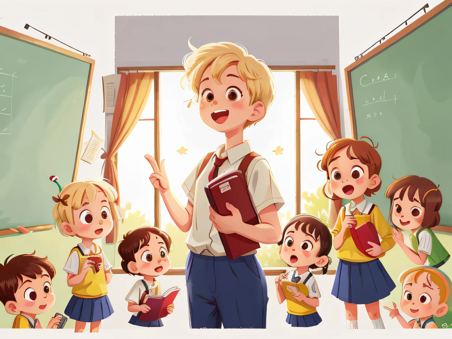 illustration, masterpiece, best quality,
School teacher with several students (girls and boys)
standing, They wave at us, in school uniform, from opposite, Happy, full body, in the style of childreb book charecter, charecter sheet, white background, adjective + object, character sheet, children book character, white background, blonde hair, white background, looking at viewer, short hair,