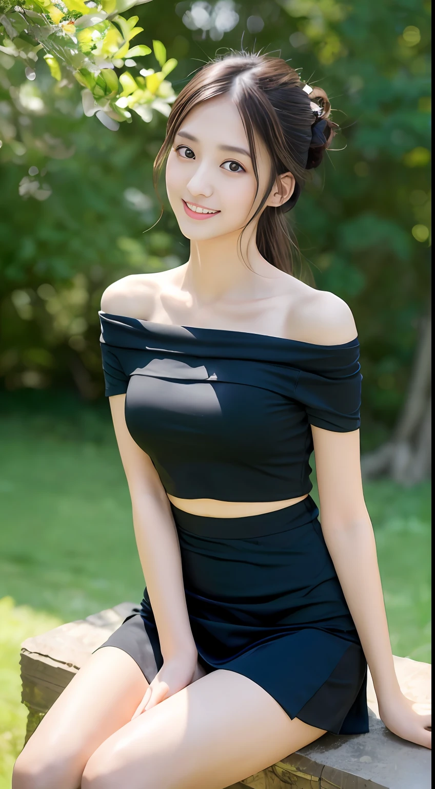 ((Best Quality, 8K, masutepiece:1.3)), beautiful  Girl, pure, Melon face, gentle and cute, Thin figure, Short sleeves with open shoulders, short skirt with slit and navel bar,, High Ponytail, Black fluffy long straight hair, round black big eyes, clear big eyes, moist lips, Sweet smile, Sitting, pastoral background,