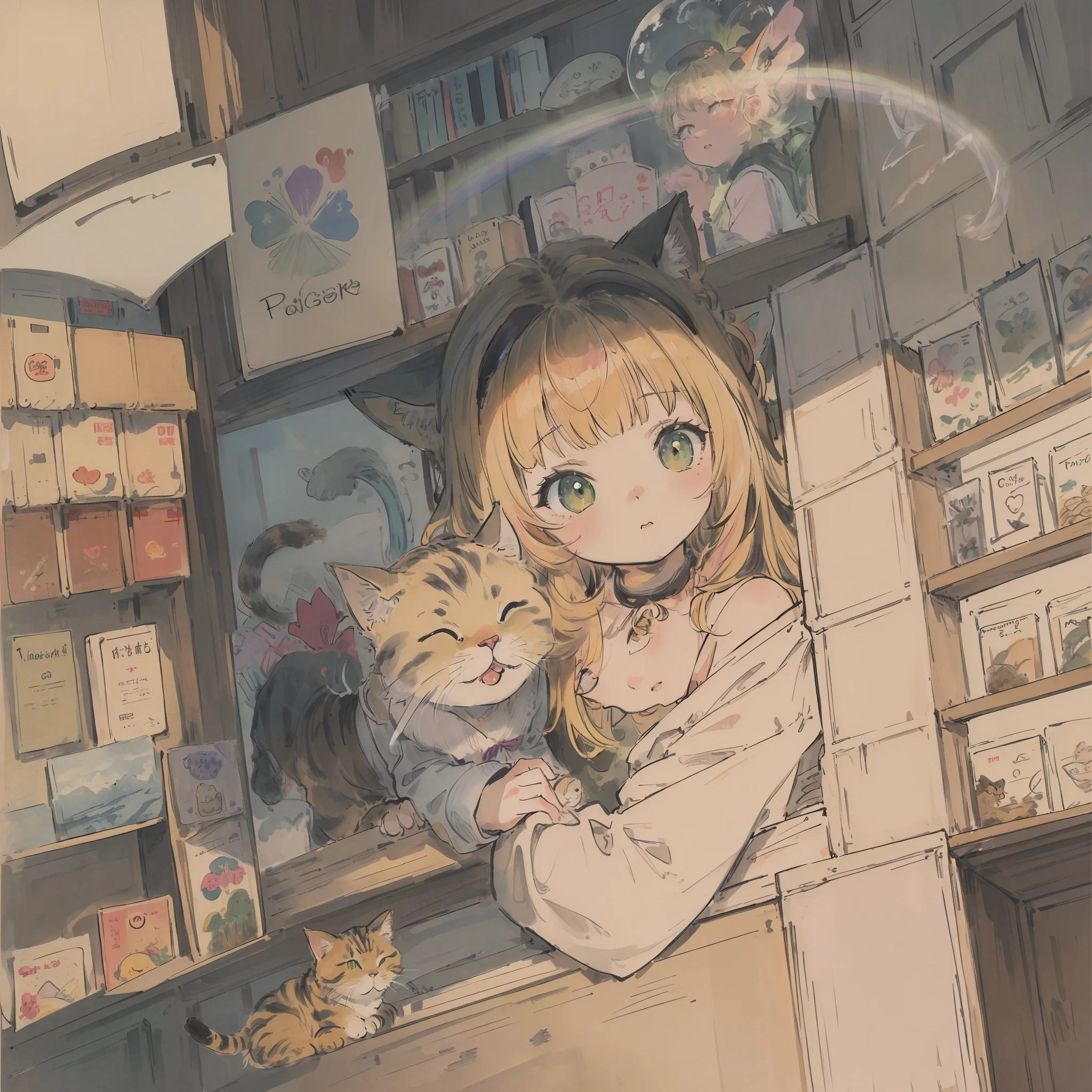 Cats((Take a cute cat 1.5))、((Best quality1.2))、((​masterpiece))、a blond((rainbow-colored hair))、bookstore、I have a cute cat、Hachiwale