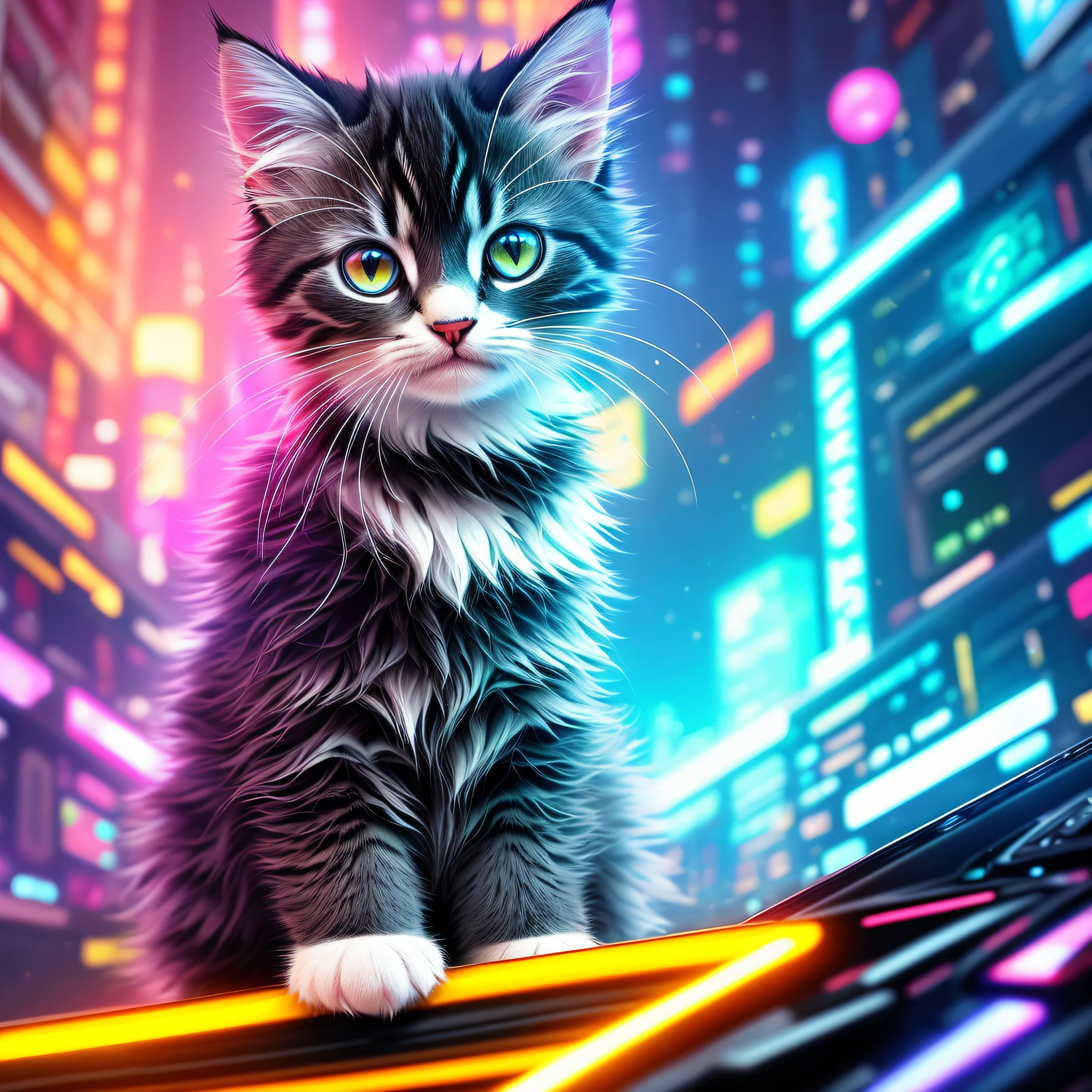 A cute fluffy kitten,cyber punk style,((Complicated details)),HDR,largeeyes,((Complicated details,hyper-detailing)),vignet,Bokeh effect background