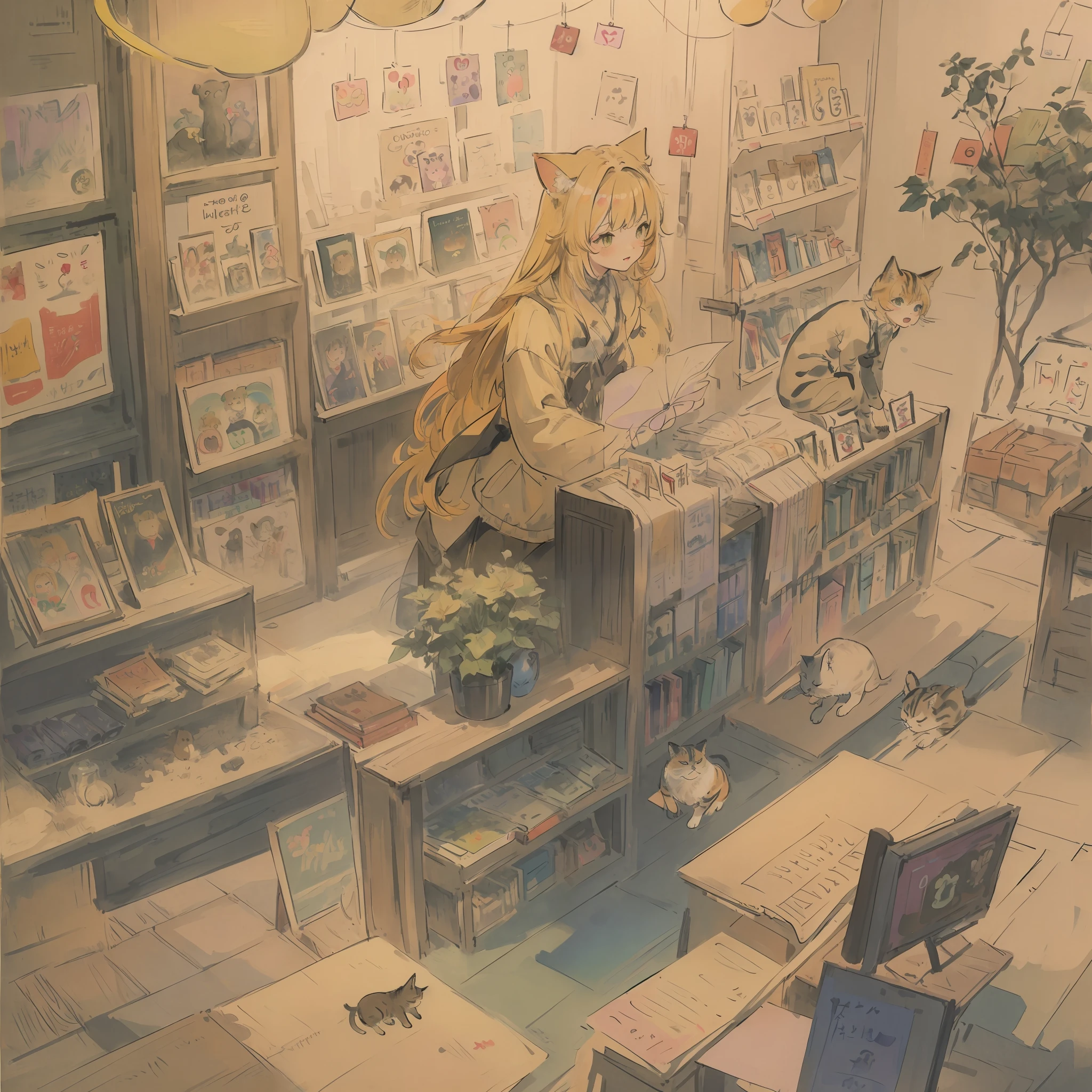 Cats((Take a cute cat 1.5))、((Best quality1.2))、((masterpiece))、a blond((rainbow-colored hair))、bookstore、I have a cute cat、Hachiwale