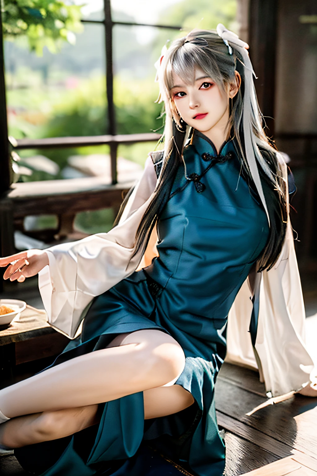 There is a girl in a green dress, plum blossoms, palaces, oriental architecture ray tracing, {best quality}, {{masterpiece}}, extremely detailed 8K wallpaper, {an extremely delicate and beautiful}, colorful, intricately detailed, Realistic, real, camera quality, (detailed depiction of clothes), cool white skin, (detailed depiction of blush), 1080p, sun, soft cuteness, smooth light silver hair, messy beauty, lighting, broken feeling, bright and silky skin , 3D stereoscopic, masterpiece, best quality, super fine illustration, beautiful eyes, very fine light, fine glow, very fine 8K CG wallpaper, peach eyes, red pupils, an extremely delicate and beautiful girl, 8k Wallpaper, best quality, full body close-up, white long dress, luxurious silky bright red chiffon floodlight (magic, glitter, ultra-thin, soft,) Hanfu