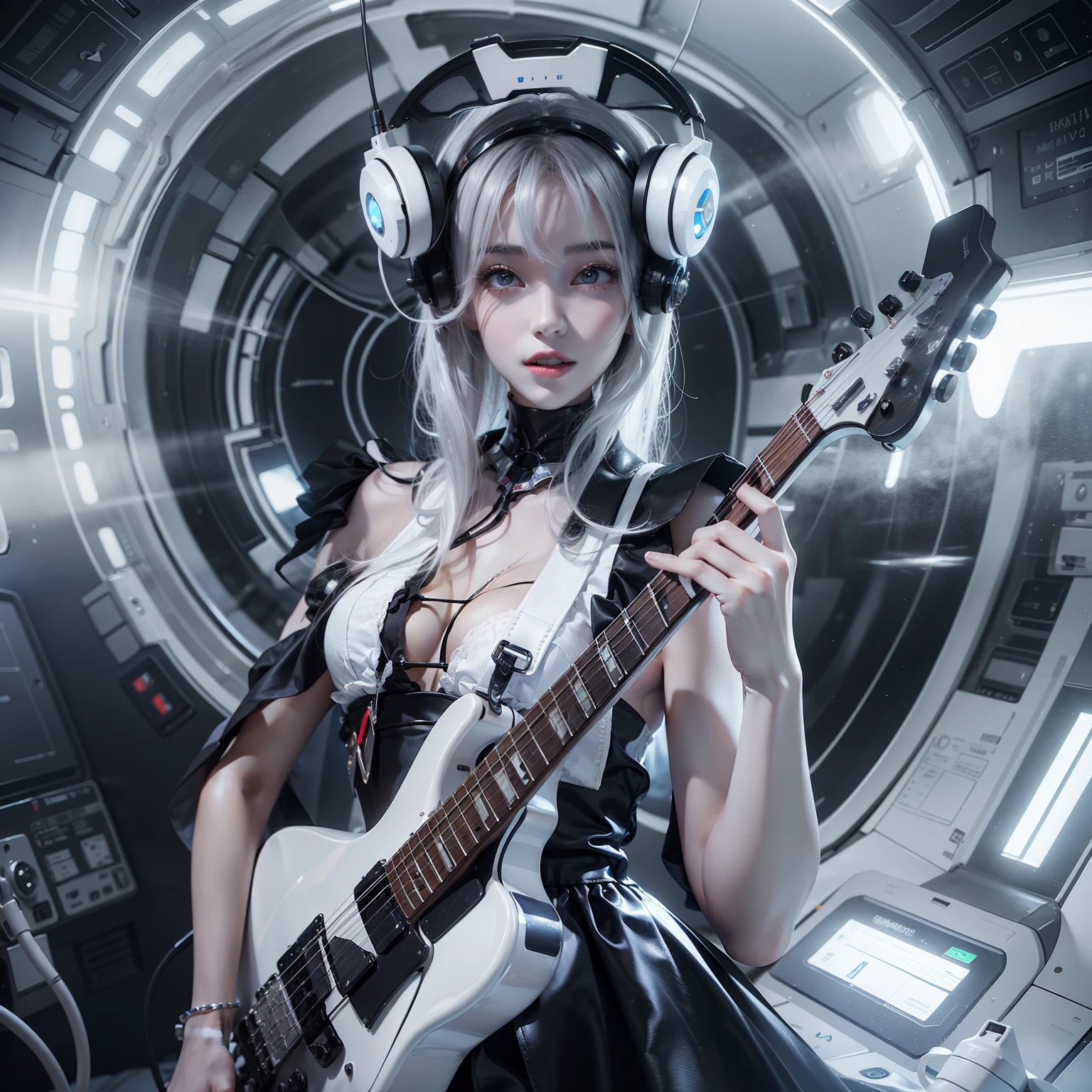 Seductive woman raising hands and shouting　Perfect beauty　Beautiful white skin　Look at viewers　Lustrous lips　Lovely smile　White ugly hair　holding an electric guitar　is standing　Futuristic body clinging Lolita costume designed in black and white　Costume with a visible navel　Functional　head phone　Headgear with night vision device　Inside the spacecraft