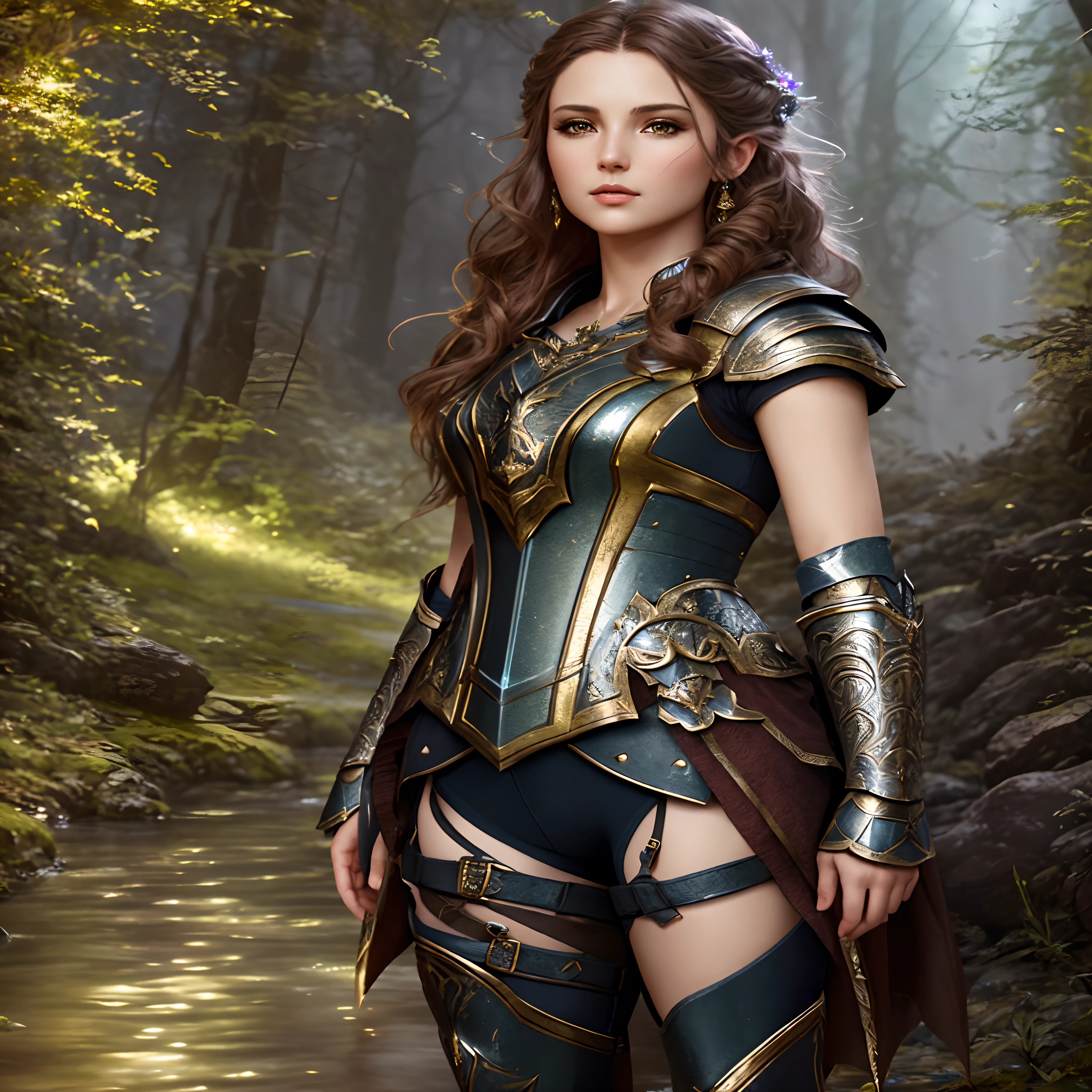 An Arad woman in armor stands in a stream in the forest, fantasy paladin woman, beautiful female knight, gorgeous female paladin, of a beautiful female knight, Fantasy art Behance, elven warrior princess, 4K fantasy art, 3 D rendering character art 8 K, hyper-detailed fantasy character, Unreal Engine fantasy art, girl in knight armor