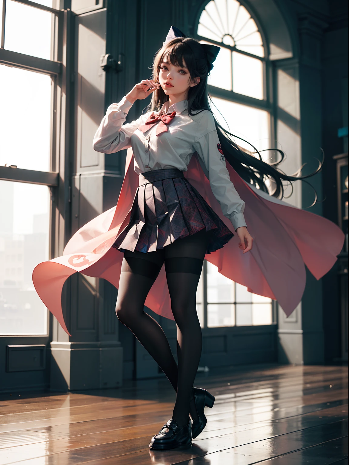 (full body:1.5),(1girl:1.3),(looking at viewer:1.4),(anatomy correct:1.3),(In the paradise of the day:1.3),(Wearing Very thick Printed Pantyhose and Spider Man Set Style JK uniform printed pleated skirt and JK uniform leather shoes with bow decoration :1.3), (A high jump posture:1.3),(In pink|amarelo|blue colors|green color|red colour|white colors|black in color|purpleish color|greys|Beige|Flesh color 1.4),,(Accurate and perfect face:1.4),(Clothing Gloss:1.25),(Skin reflection:1.25),hyper HD, Ray traching, reflective light,structurally correct, Award-Awarded, high detal, lightand shade contrast, Face lighting,cinmatic lighting, tmasterpiece, super detailing, high high quality, high detal, best qualityer, 16k,high contrast,