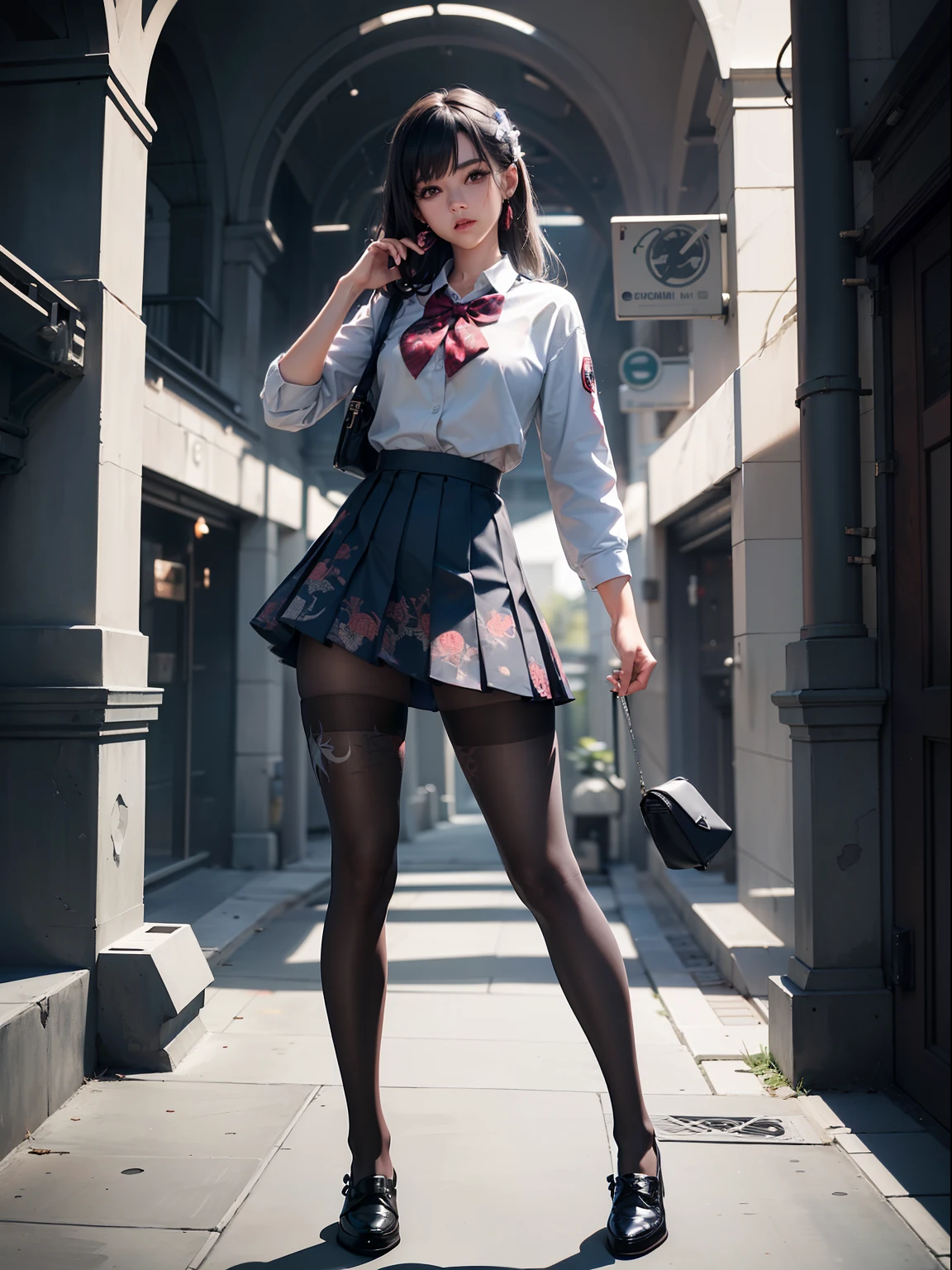 (full body:1.5)，(1girl:1.3),(looking at viewer:1.4)，(anatomy correct:1.3)，(In the paradise of the day:1.3),(Wearing Very thick Printed Pantyhose and Spider Man Set Style JK uniform printed pleated skirt and JK uniform leather shoes with bow decoration :1.3), (A high jump posture:1.3),(In pink|amarelo|blue colors|green color|red colour|white colors|black in color|purpleish color|greys|Beige|Flesh color 1.4)，,(Accurate and perfect face:1.4),(Clothing Gloss:1.25),(Skin reflection:1.25),hyper HD, Ray traching, reflective light，structurally correct, Award-Awarded, high detal, lightand shade contrast, Face lighting，cinmatic lighting, tmasterpiece, super detailing, high high quality, high detal, best qualityer, 16k，high contrast,