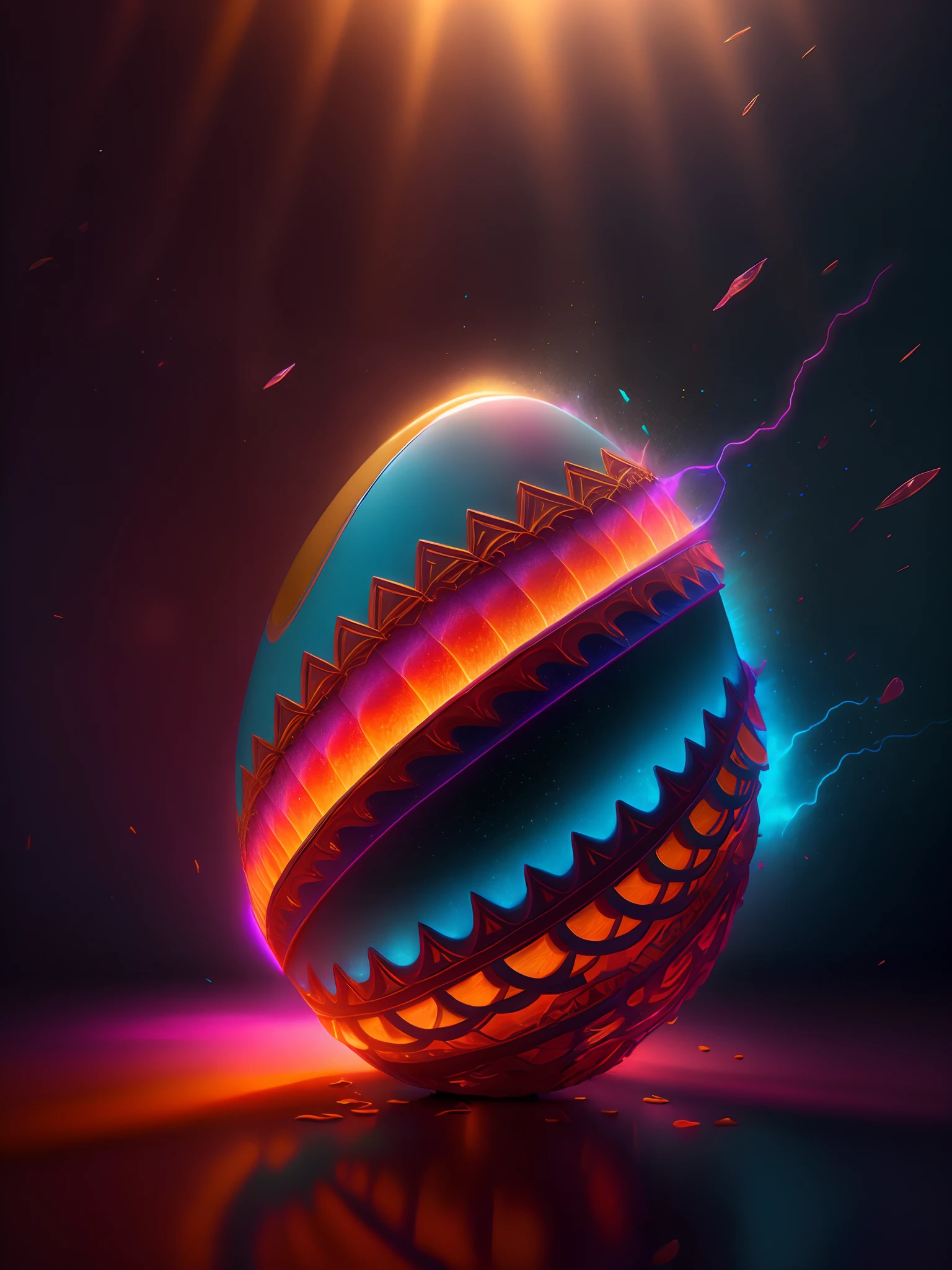 Efecto Shatter en After Effects,,Intricately opaque 3D soft broken shell egg carved from shiny ivory in a dimly lit room, con una luz rosa muy suave que emana de debajo del huevo, zarcillos de vid en espiral brillantes de color naranja rosado que abarcan el huevo amorosamente como si estuviera vivo, fotorrealista, detallado, realista, alta calidad, Background thunderstorms, detallado, realista, 8k UHD, magia de alta calidad, fantasy, amarillo, azul y rojo,  PALETA DE ORO, flores