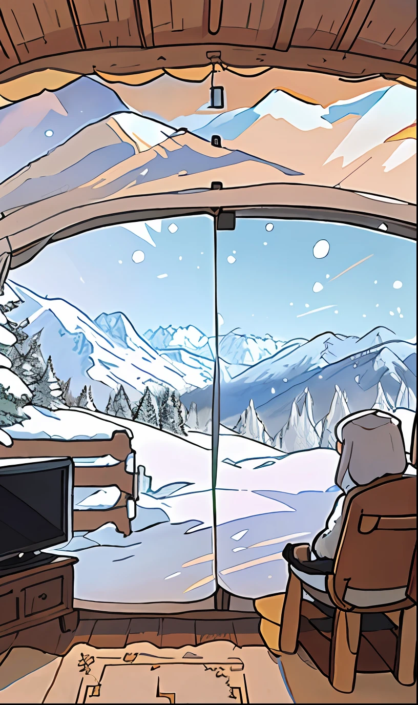 Snow-capped mountains can be seen from inside the tent, log cabin beneath the alps, integrated in the mountains, the window is open, beautful view, epic view, window view, stunning view, view from inside, looked at big window, looking out, scenic view, in the swiss alps, inside of a cabin, Amazing view, Beautiful view, big window