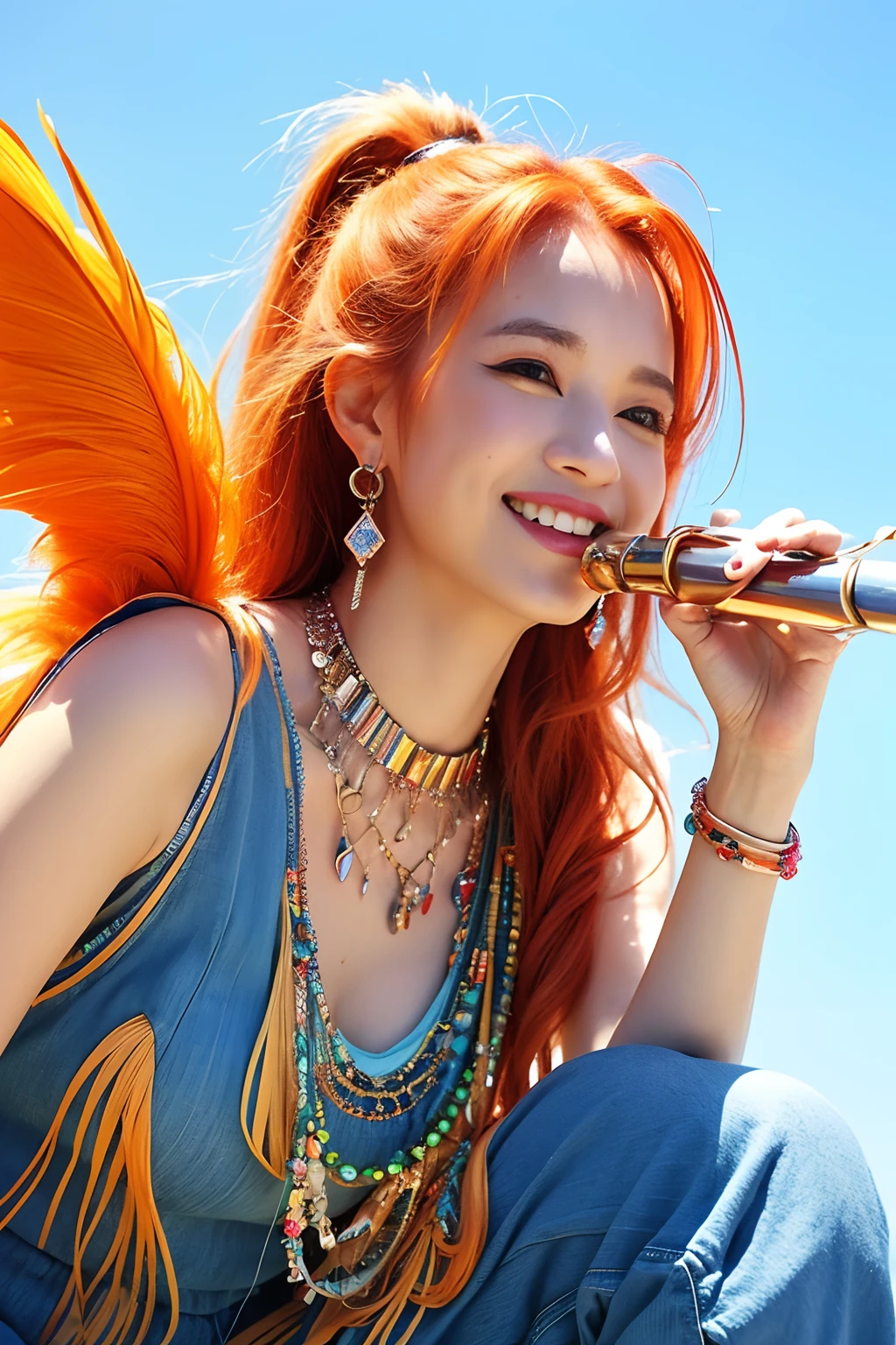 (extra detailed body、extra detailed face、best qualtiy:1.2)、femele、looking at the viewers、(Orange hair、Flashy clothes、15yo student、a smile、Feather piercings down to the bottom of the shoulder、hippy、hair adornments、Fancy Necklaces、Trumpet pants)、(Woodstock Blue Sky:1.4)