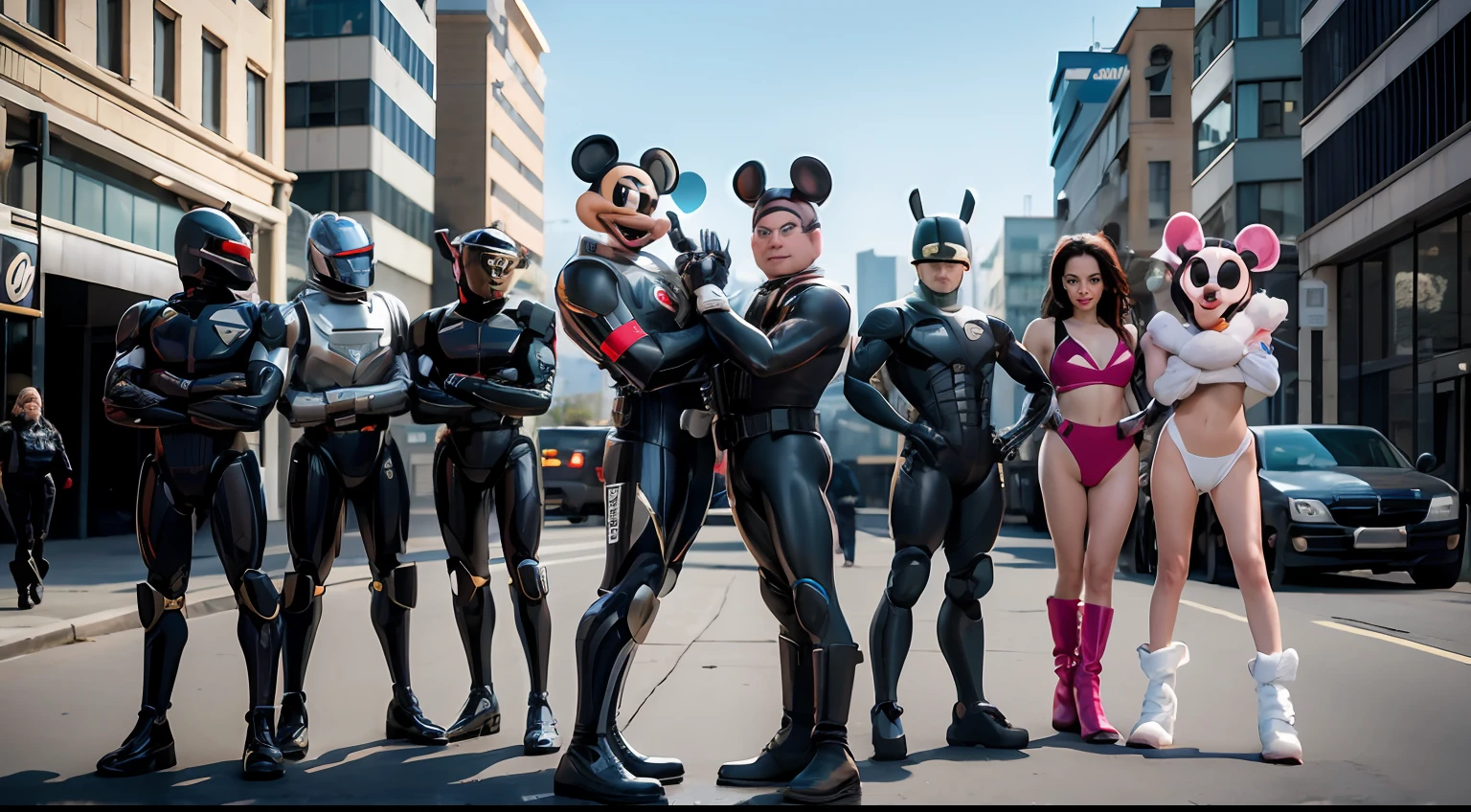 realistic photographic image featuring RoboCop, Top Cat, Archie and Veronica, Victoria's Secret models, Tom Cruise as Maverick, Mickey Mouse, Alf, Chandler and Joey, Charlie Harper, Guile from Street Fighter, Bender from Futurama, and the Spice Girls. The scene is captured with a wide-angle lens