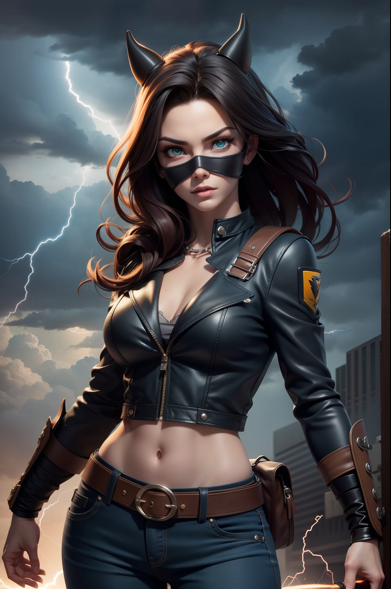 (cowgirl shot), (masterpiece), (best quality: 1.0), (ultra highres: 1.0), highly detailed face and eyes, (photorealistic: 1.2)
TO BREAK
ShayeraDC, green eyes, mask, electricity, wolverine style, black pants, midriff, belt,
TO BREAK
sky, lightning, clouds